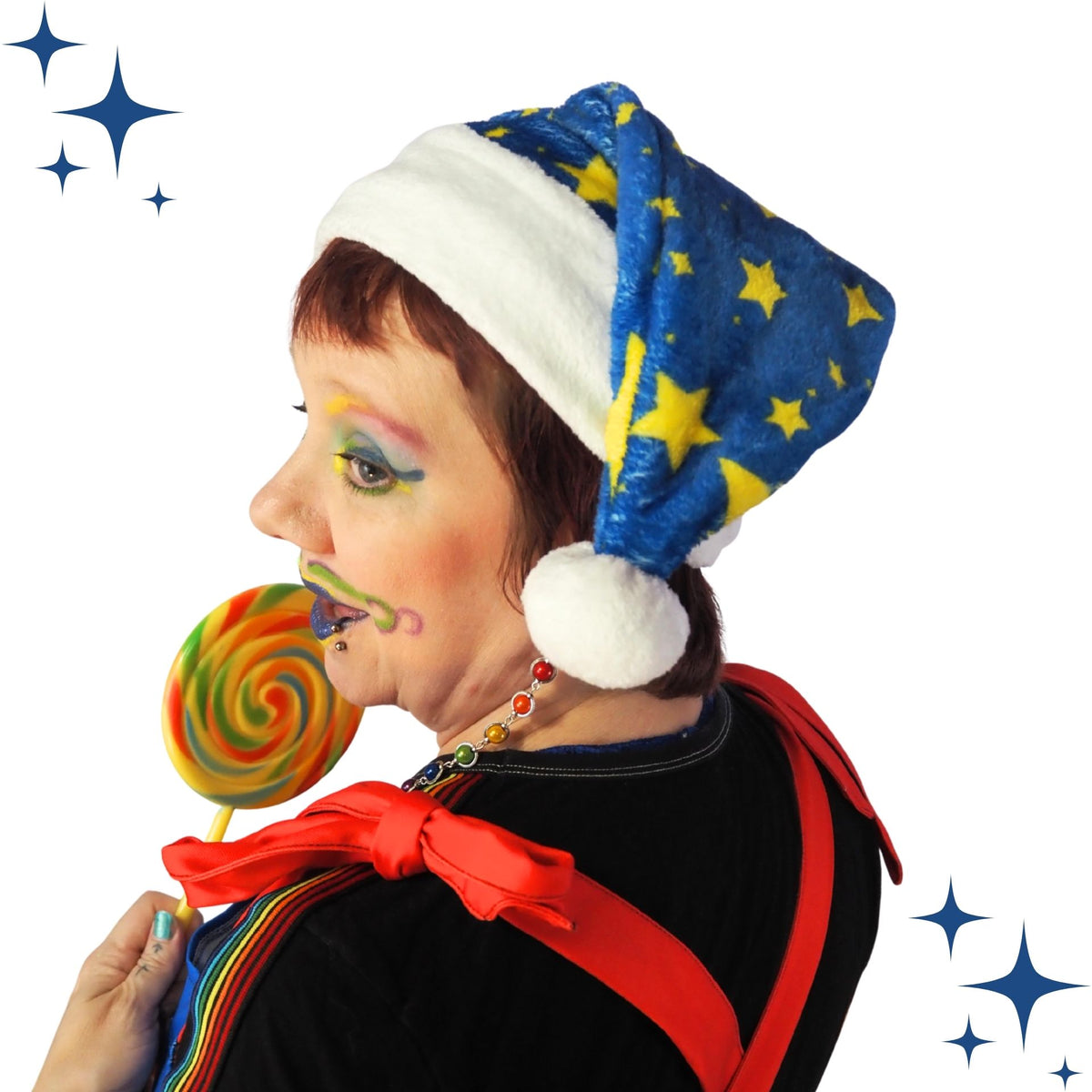 Fleece Fluffball Night Stardust Blue Yellow Stars White Trim Clown Santa Hat