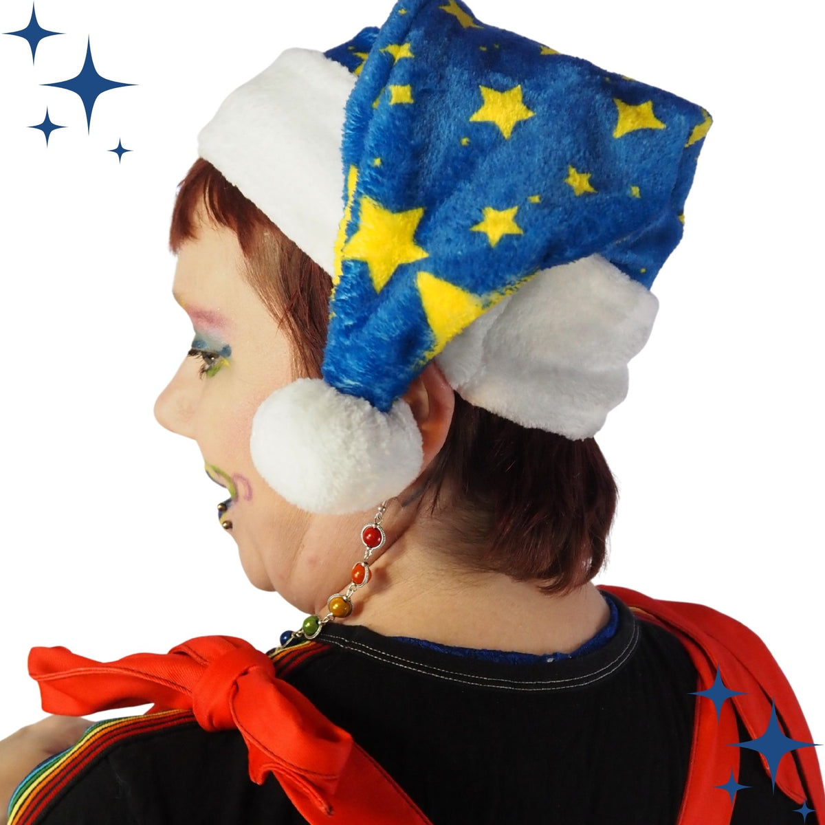 Fleece Fluffball Night Stardust Blue Yellow Stars White Trim Clown Santa Hat