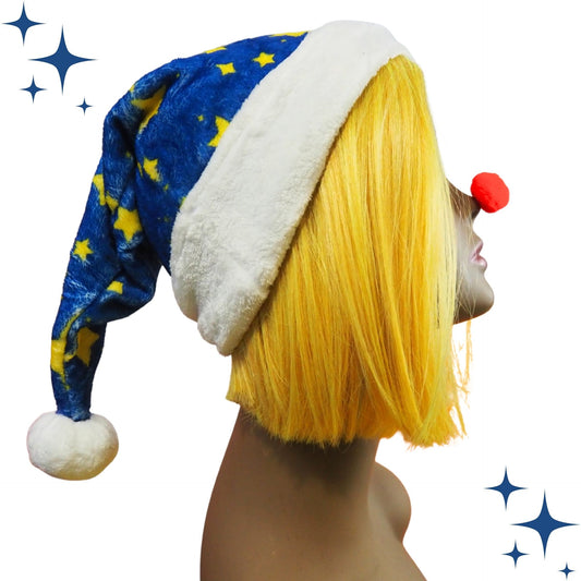 Fleece Fluffball Night Stardust Blue Yellow Stars White Trim Clown Santa Hat