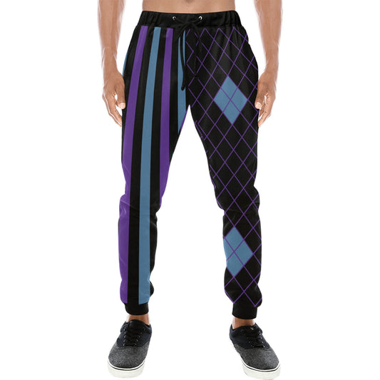 Person wearing black and purple argyle jogger pants with blue stripes on a white background