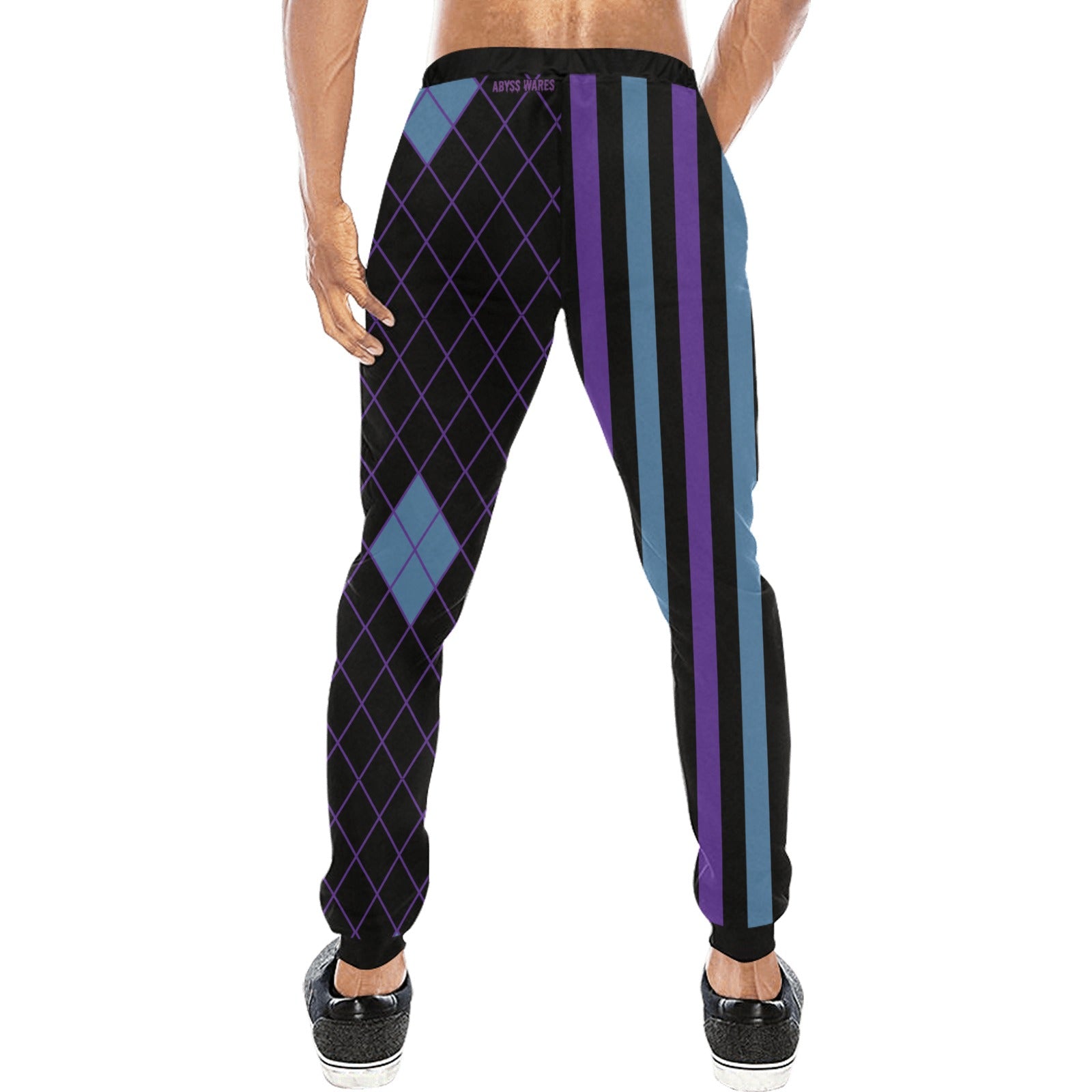 Colorful argyle-patterned jogger pants on a white background