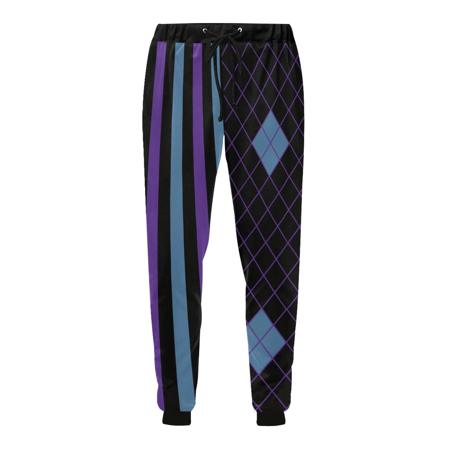 Black jogger pants with purple and blue argyle pattern on a white background