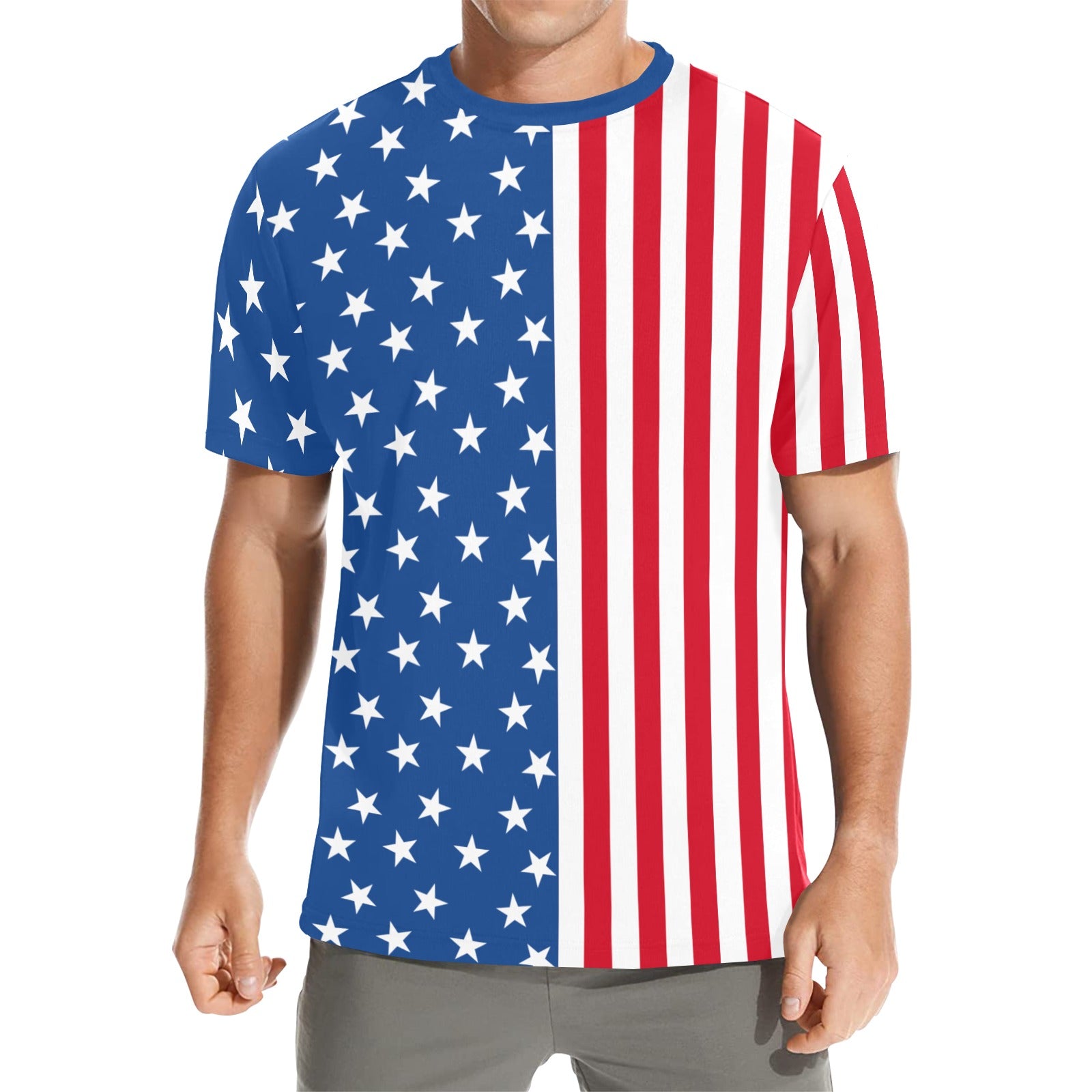 Person wearing a t-shirt with an American flag design on a white background