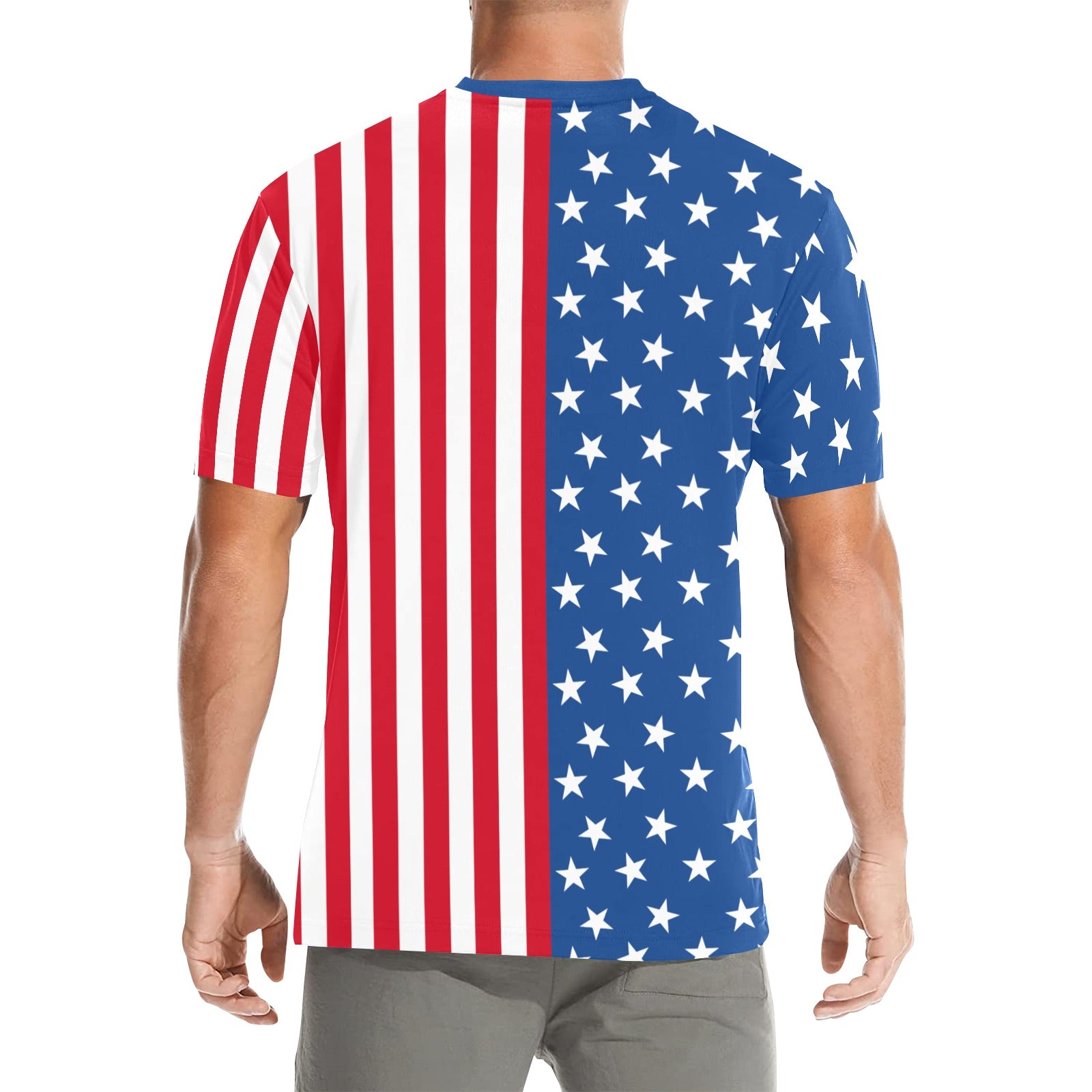 Person wearing a t-shirt with an American flag design on a white background