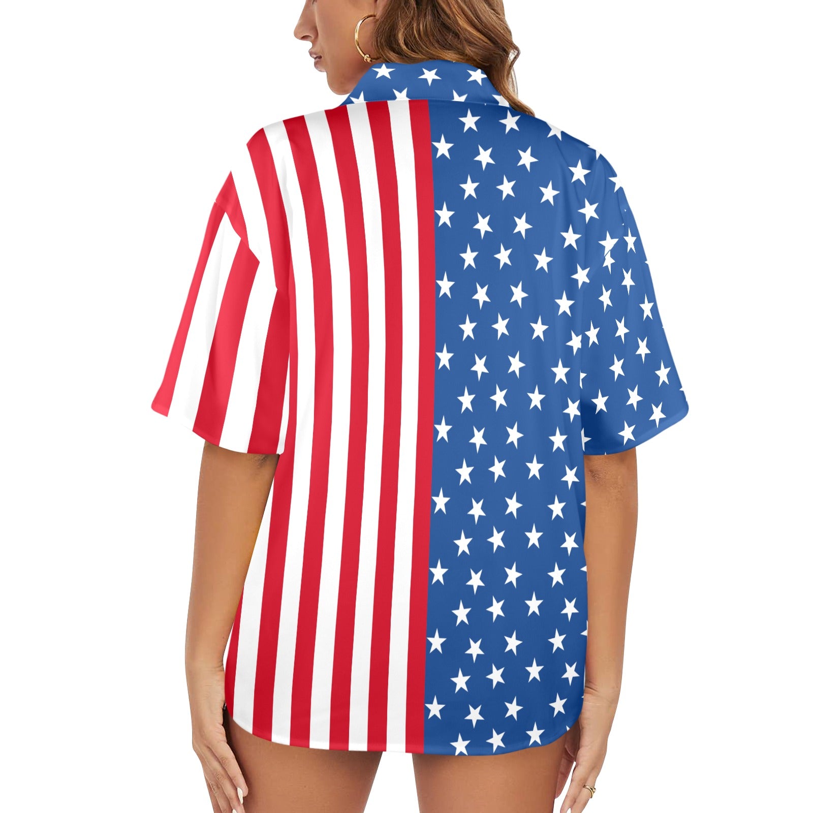 American flag patterned shirt worn by a person on a white background