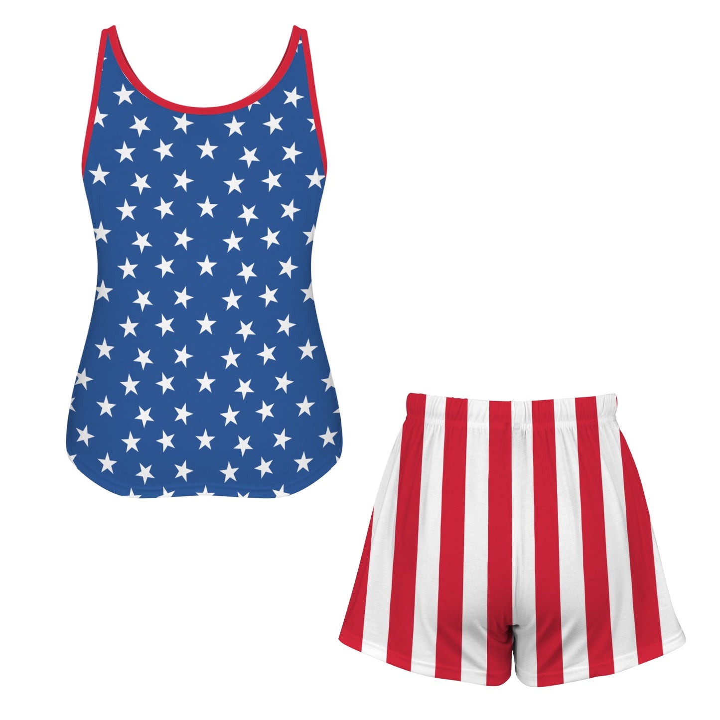 American flag-themed tank top and shorts set on a white background