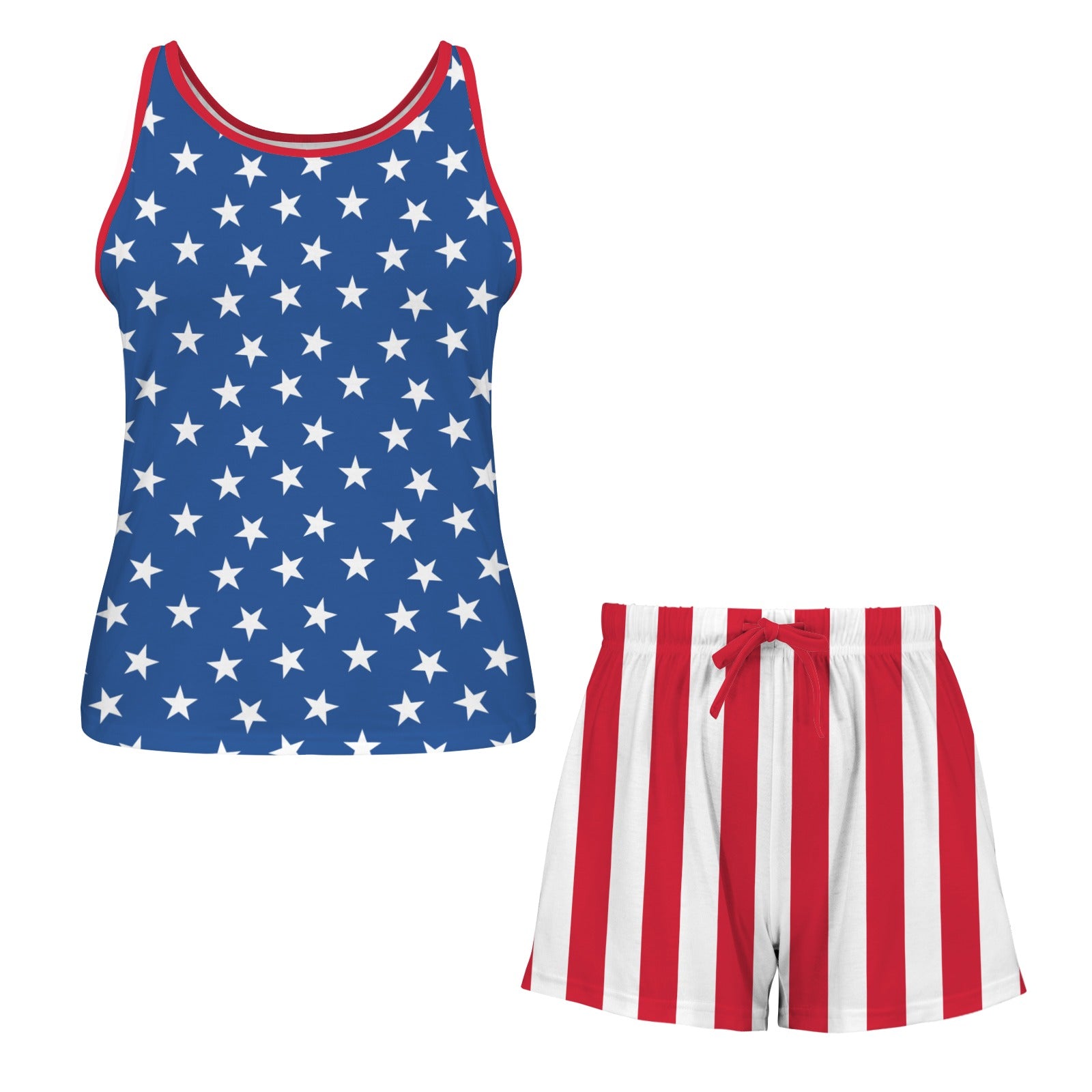 American flag-themed tank top and shorts set on a white background