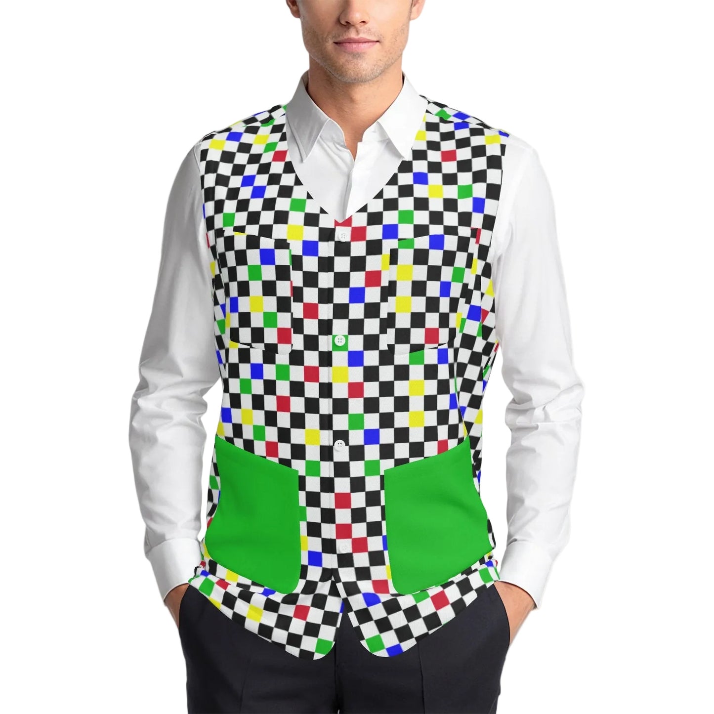 Man wearing a colorful checkered vest over a white shirt on a white background