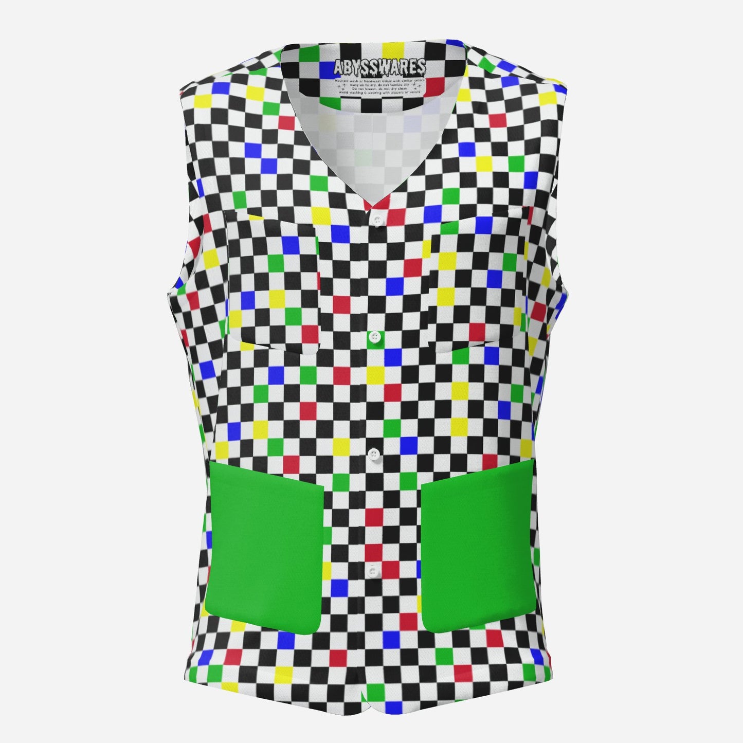Colorful checkered vest with green pockets on a white background