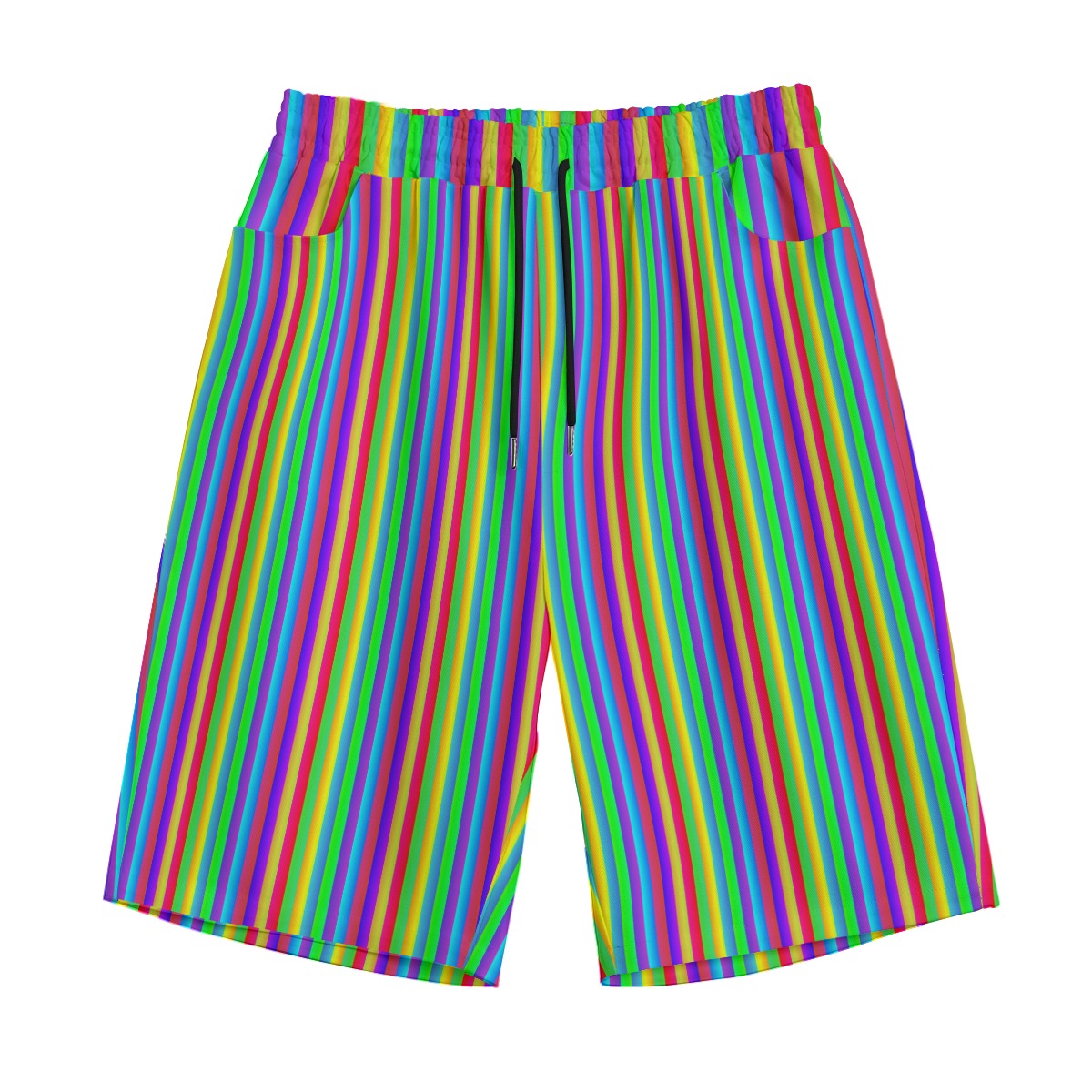 A pair of multicolored striped baggy shorts with an elastic waistband and drawstring.
