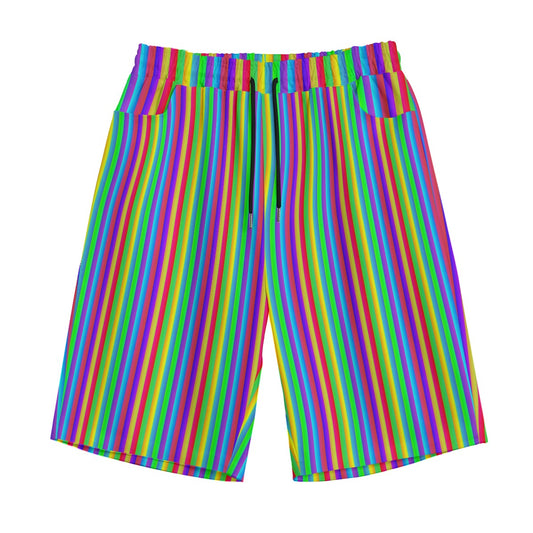A pair of multicolored striped baggy shorts with an elastic waistband and drawstring.