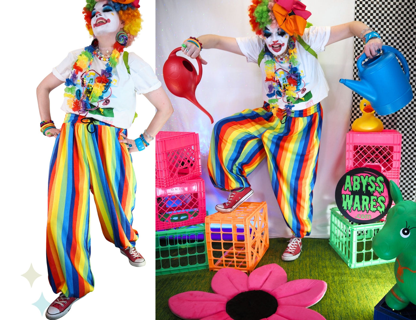 Pantalones de payaso de tela gofre con arcoíris divertidos 