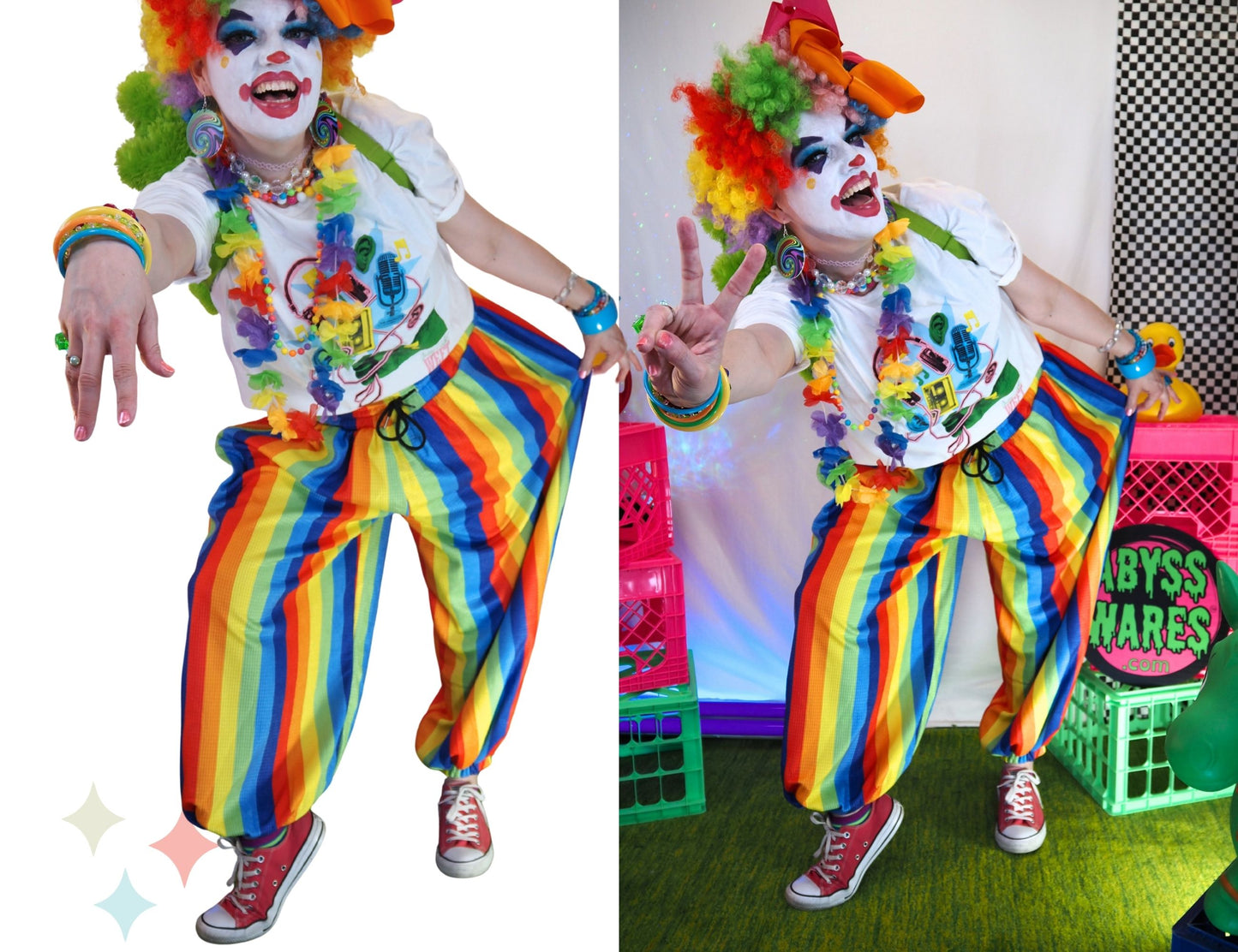 Pantalones de payaso de tela gofre con arcoíris divertidos 