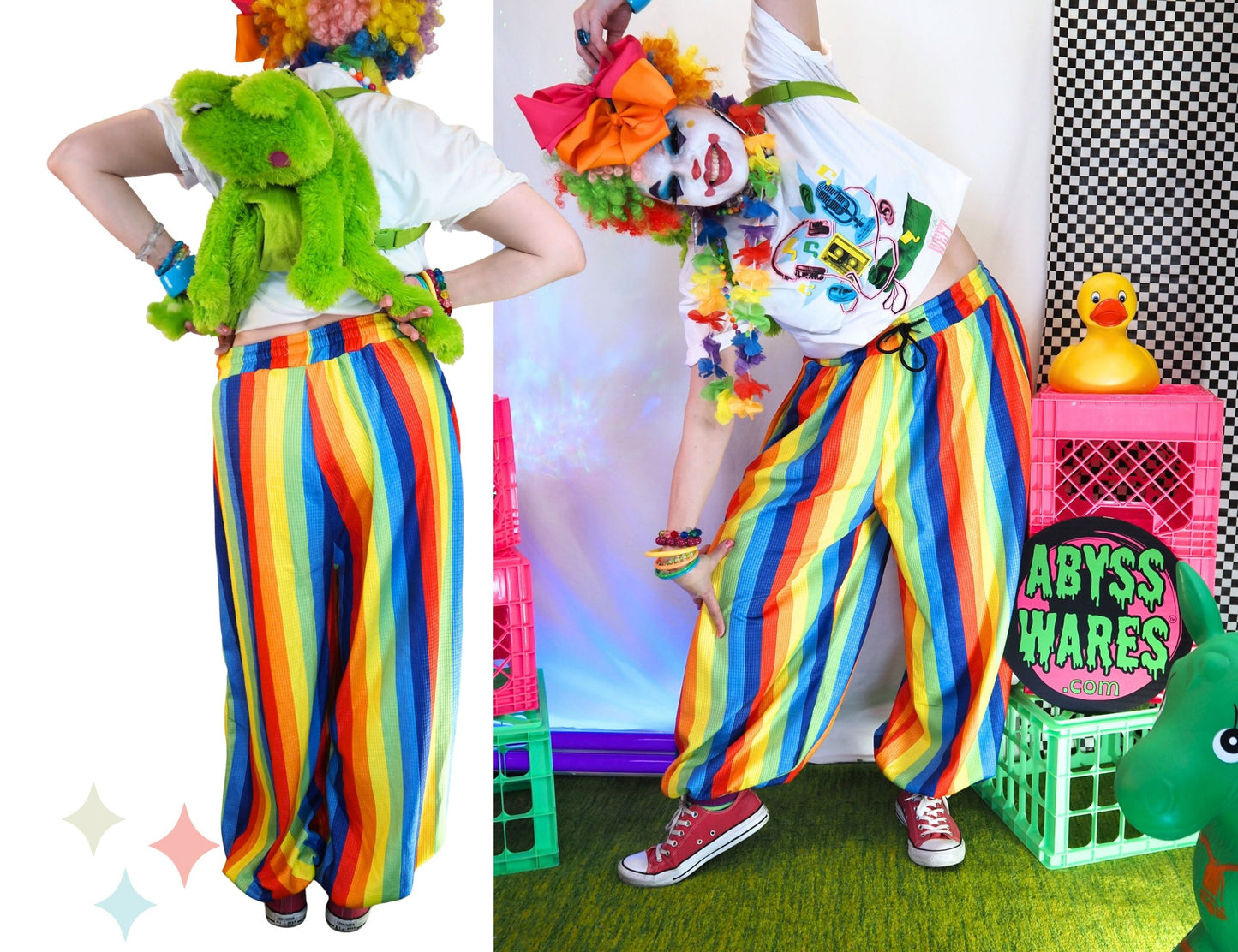 Pantalones de payaso de tela gofre con arcoíris divertidos 