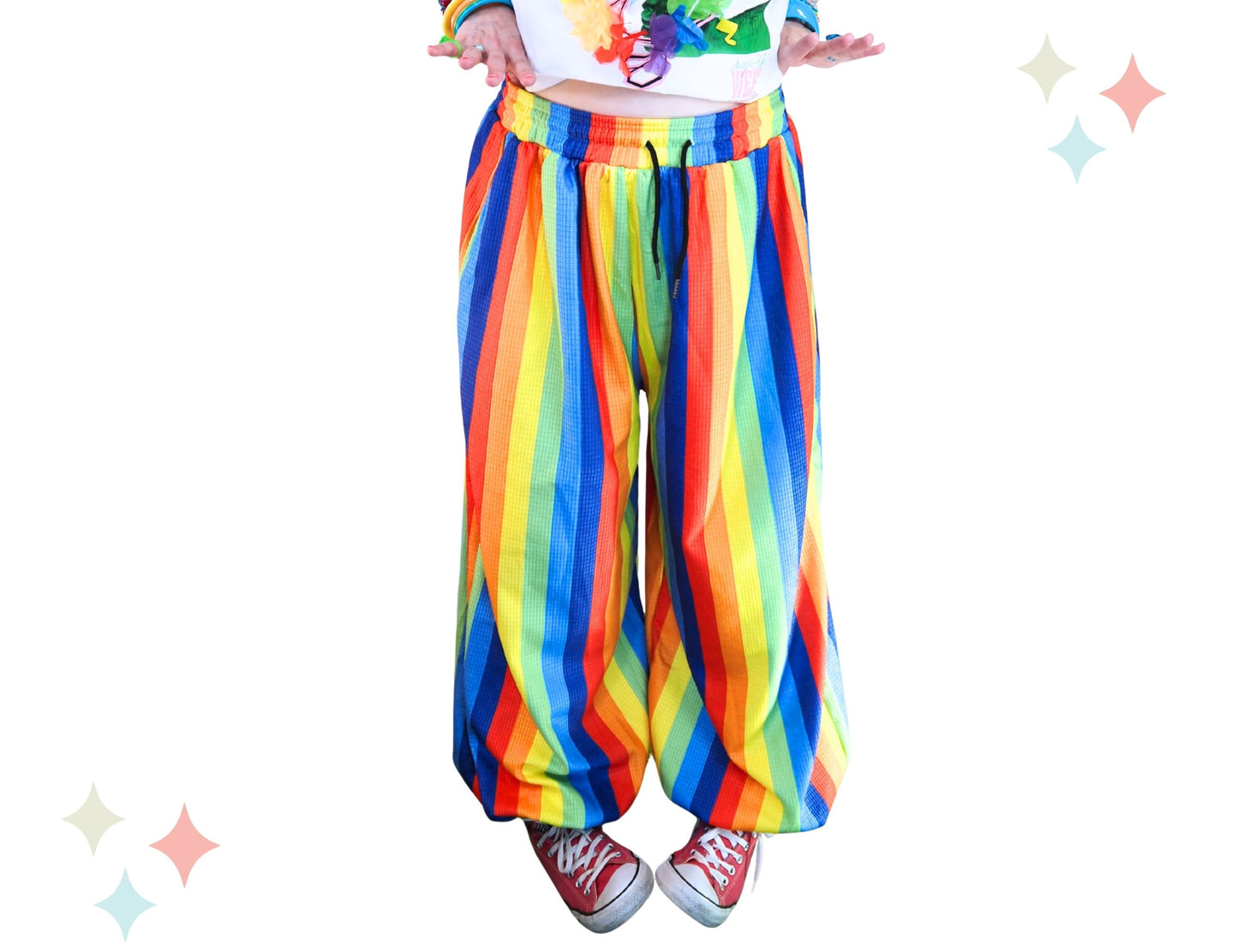 Pantalones de payaso de tela gofre con arcoíris divertidos 