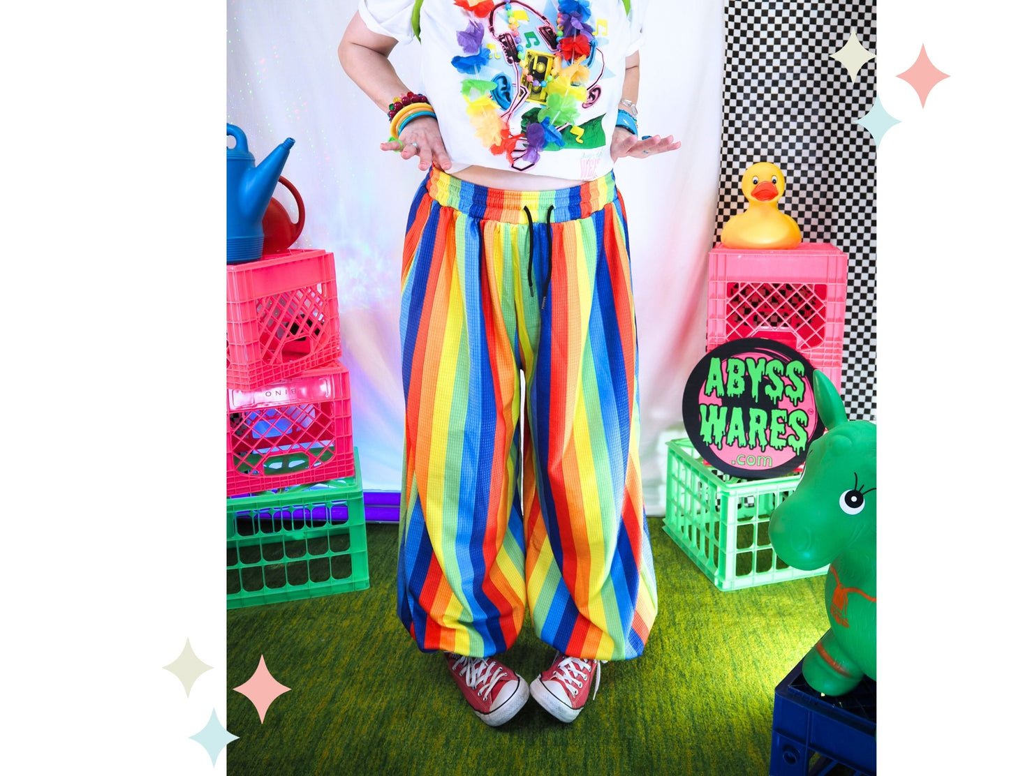 Pantalones de payaso de tela gofre con arcoíris divertidos 
