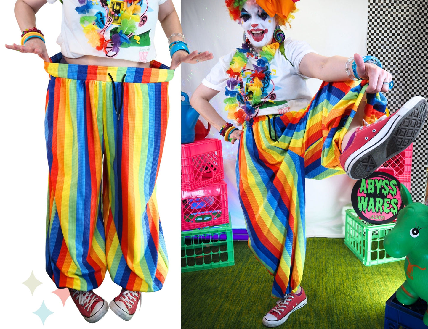 Pantalones de payaso de tela gofre con arcoíris divertidos 