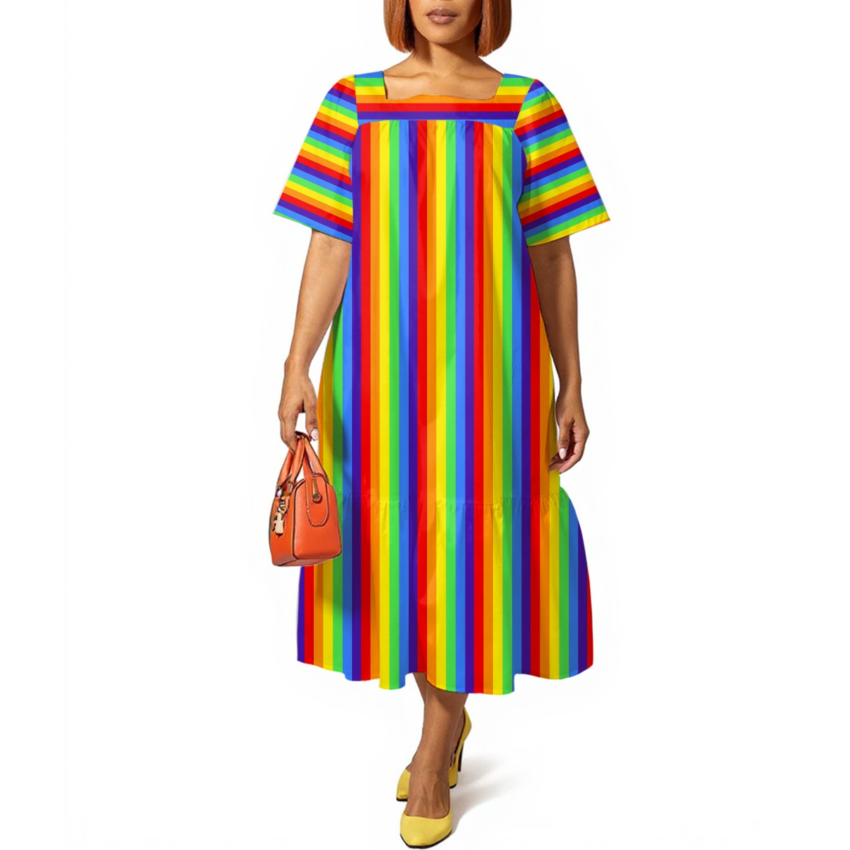 Fun Rainbow Stripe Mabel Midi Dress womens plus size clown dress
