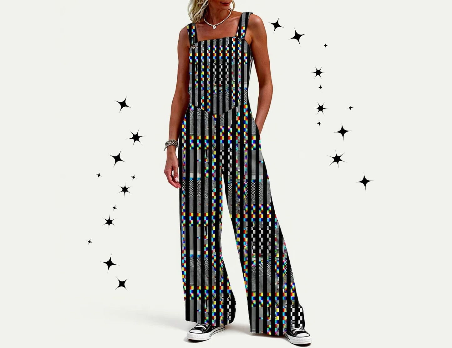 Glitch Stripe Wide Leg Overalls
