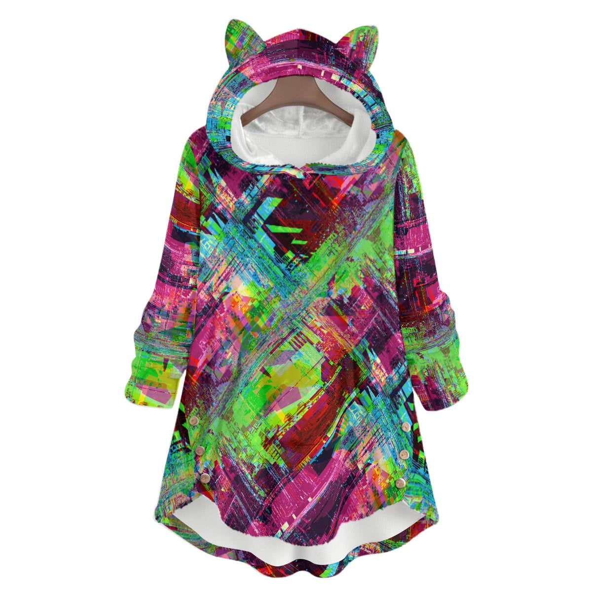colorful glitch art print plushy cat-earred pullover hoodie