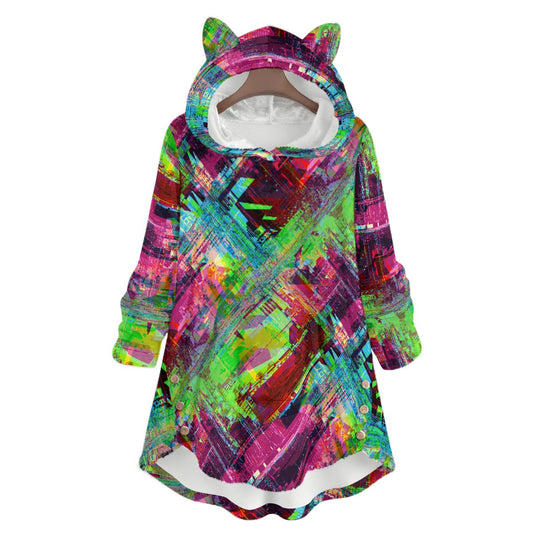 colorful glitch art print plushy cat-earred pullover hoodie