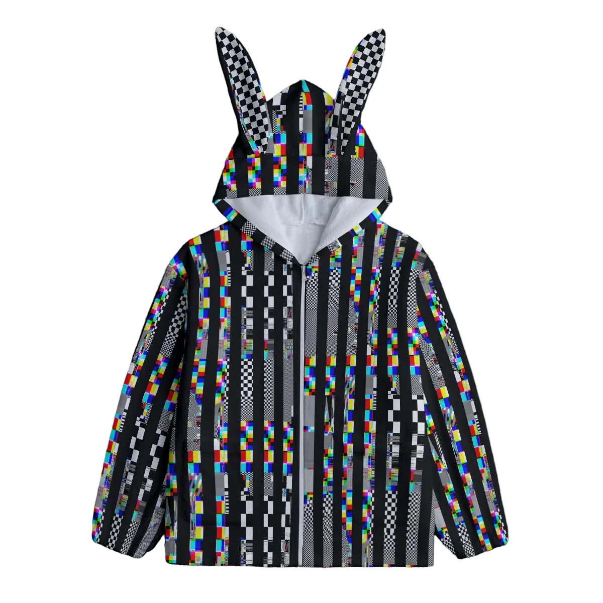 Colorful striped hoodie with checkered bunny ears 