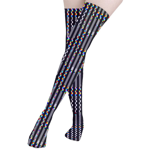 glitchy stripe print thigh highs