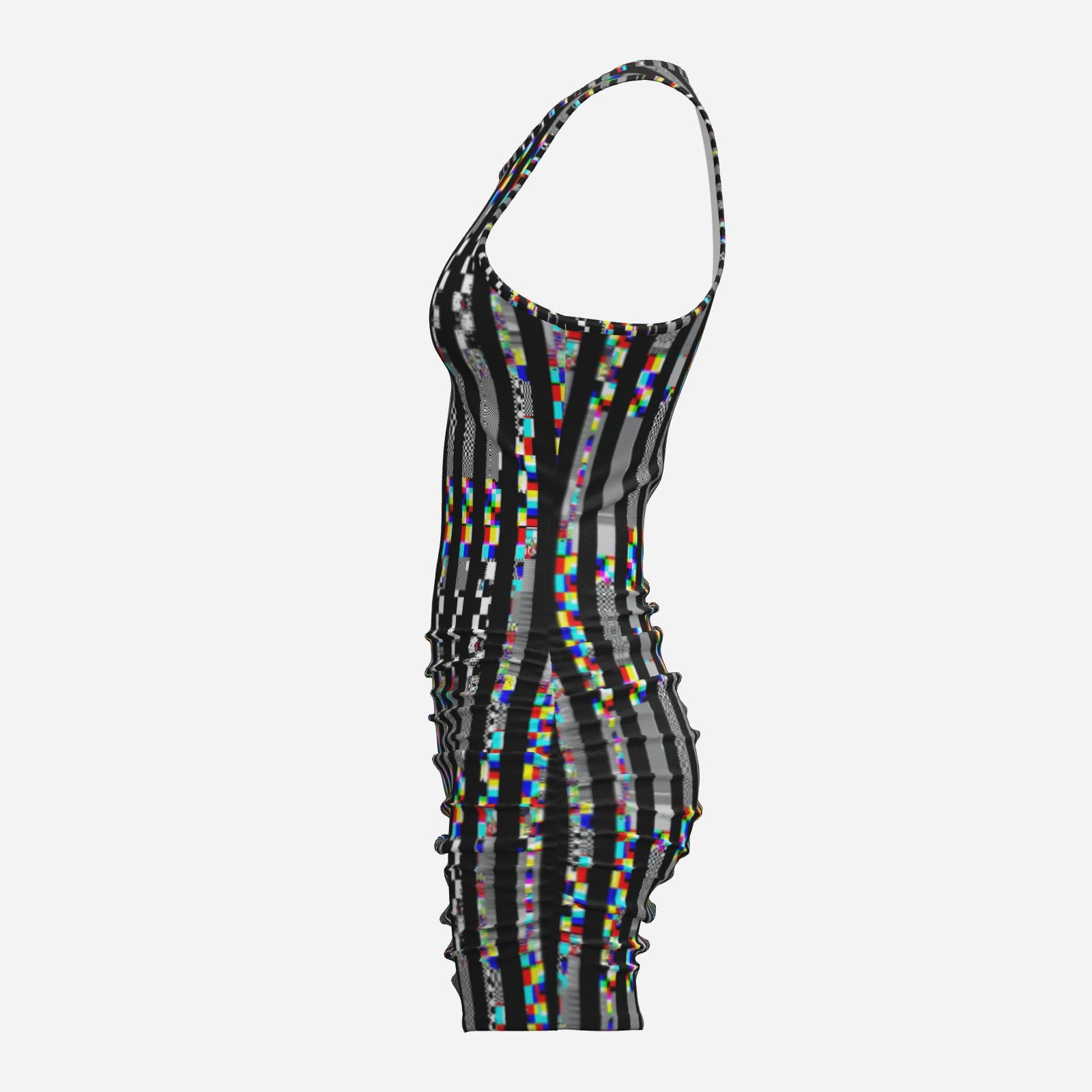 Black and white striped dress with colorful geometric pattern on a white background