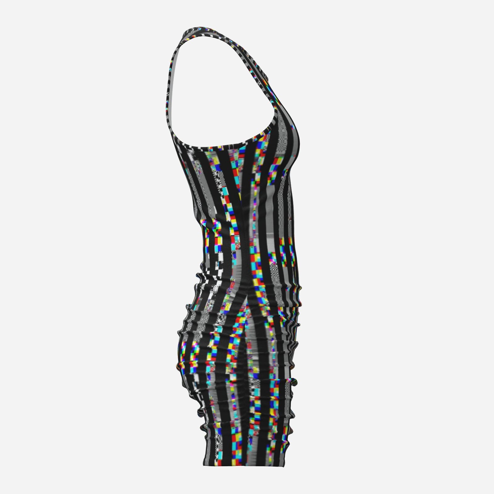 Multicolored striped dress with black and white pattern on a white background