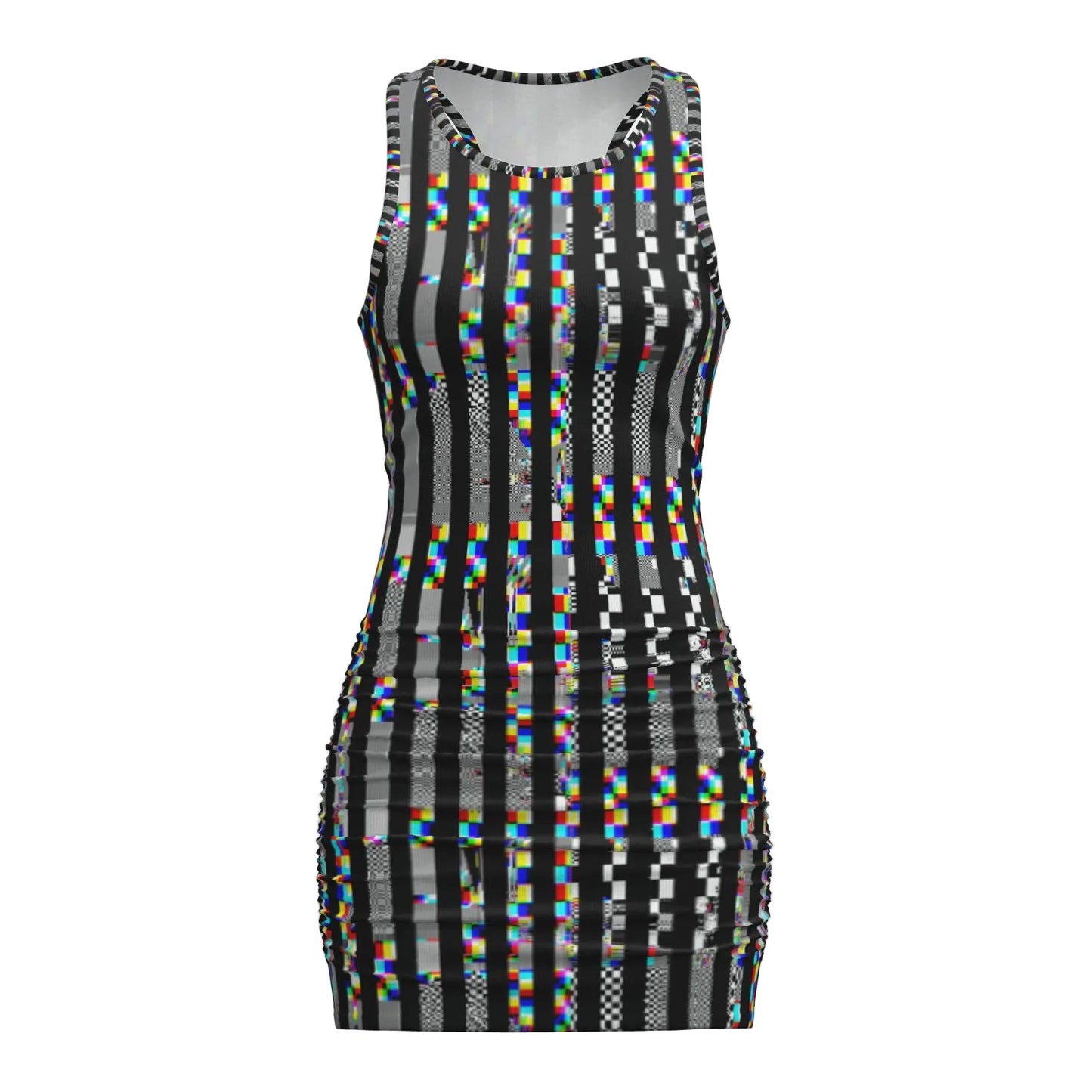 Dress with colorful glitchy black stripe pattern on a white background