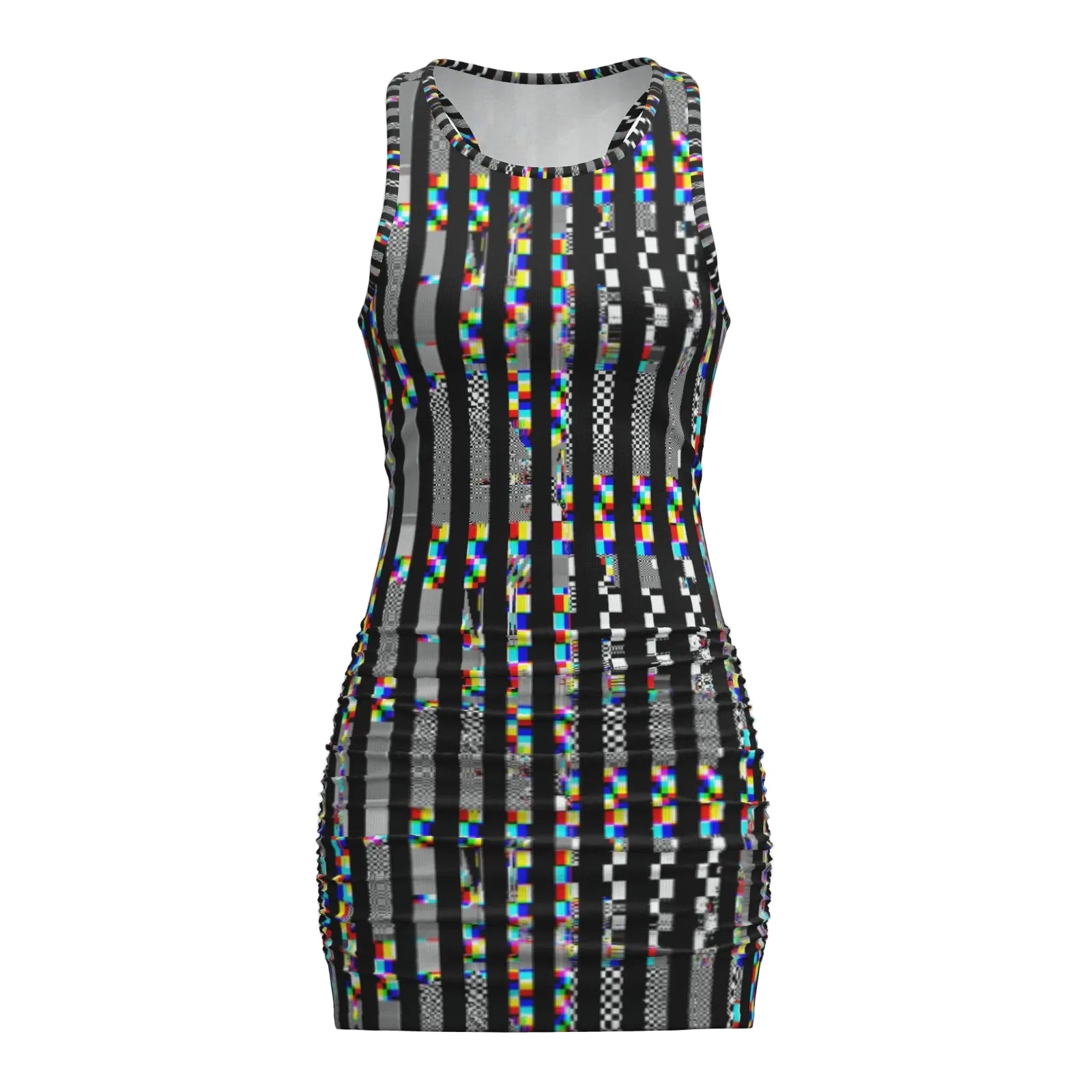 Dress with colorful glitchy black stripe pattern on a white background