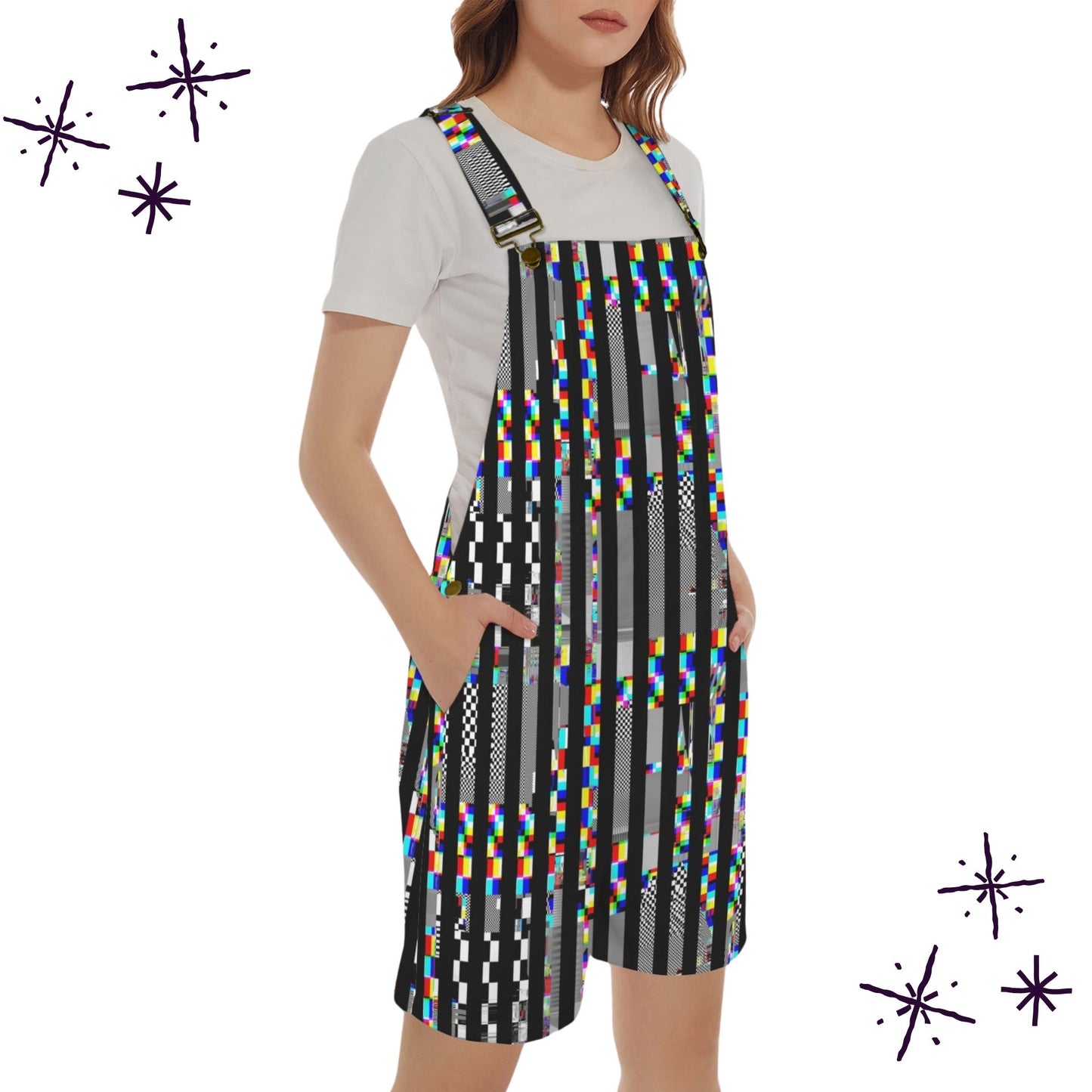 TV Glitch Stripe Shortie Overalls