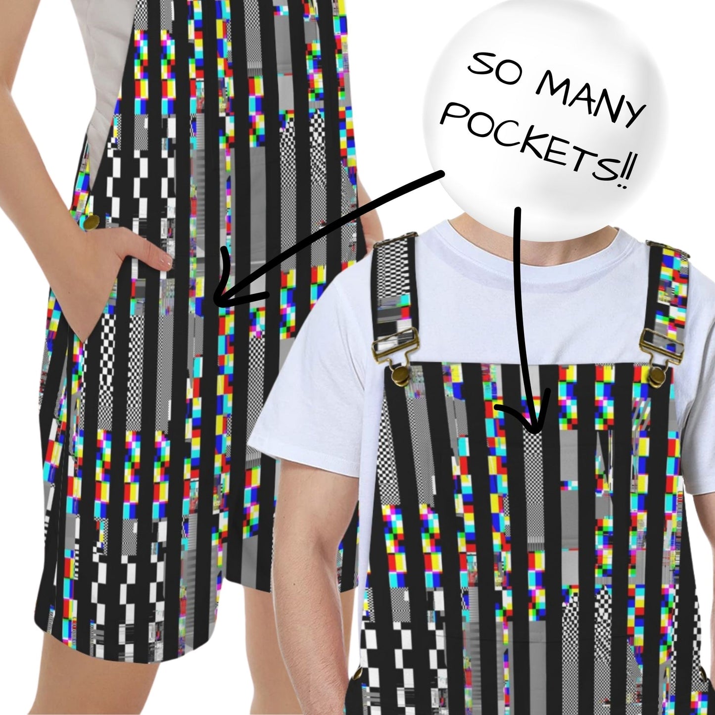 TV Glitch Stripe Shortie Overalls