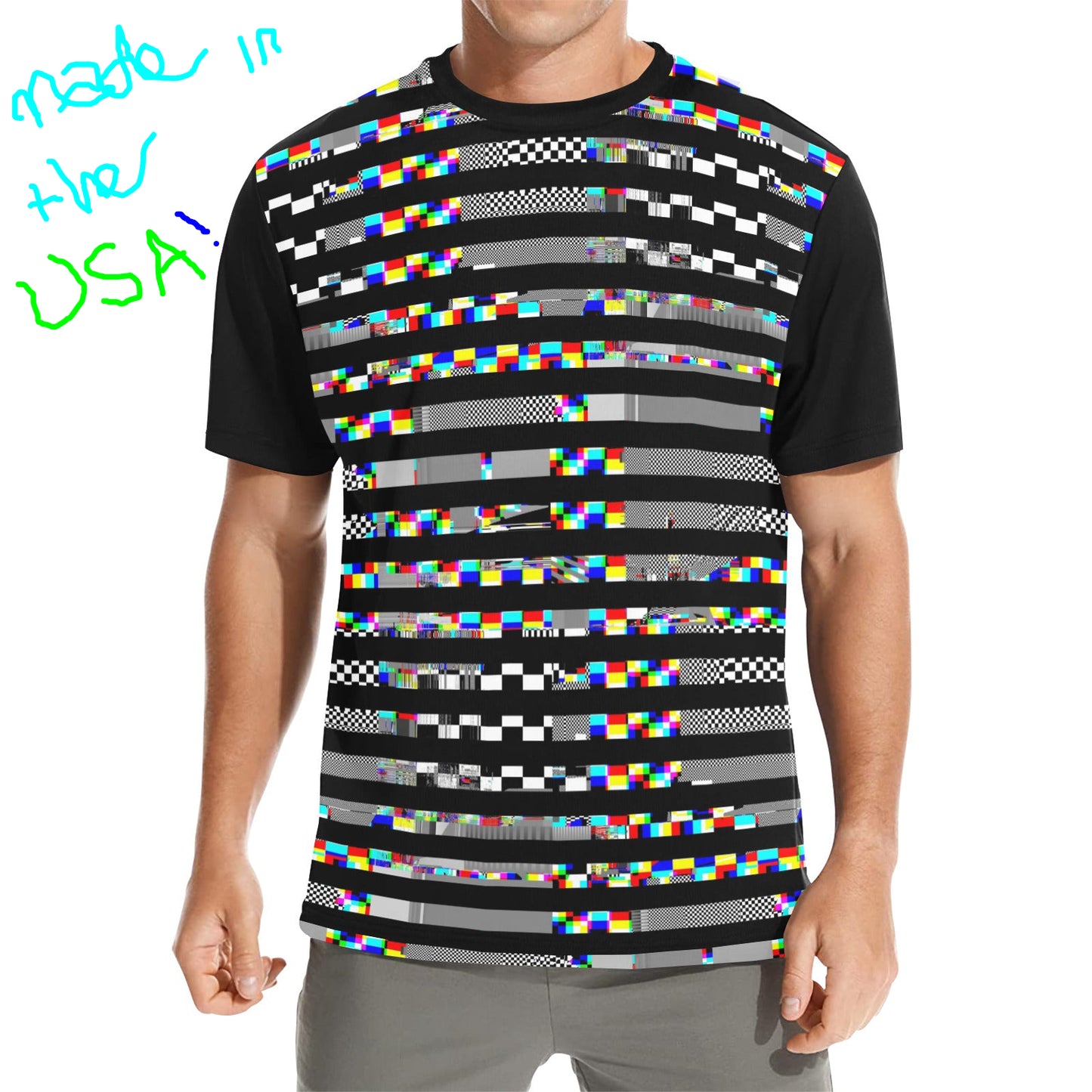 Person wearing a black t-shirt with colorful pixelated pattern on a white background