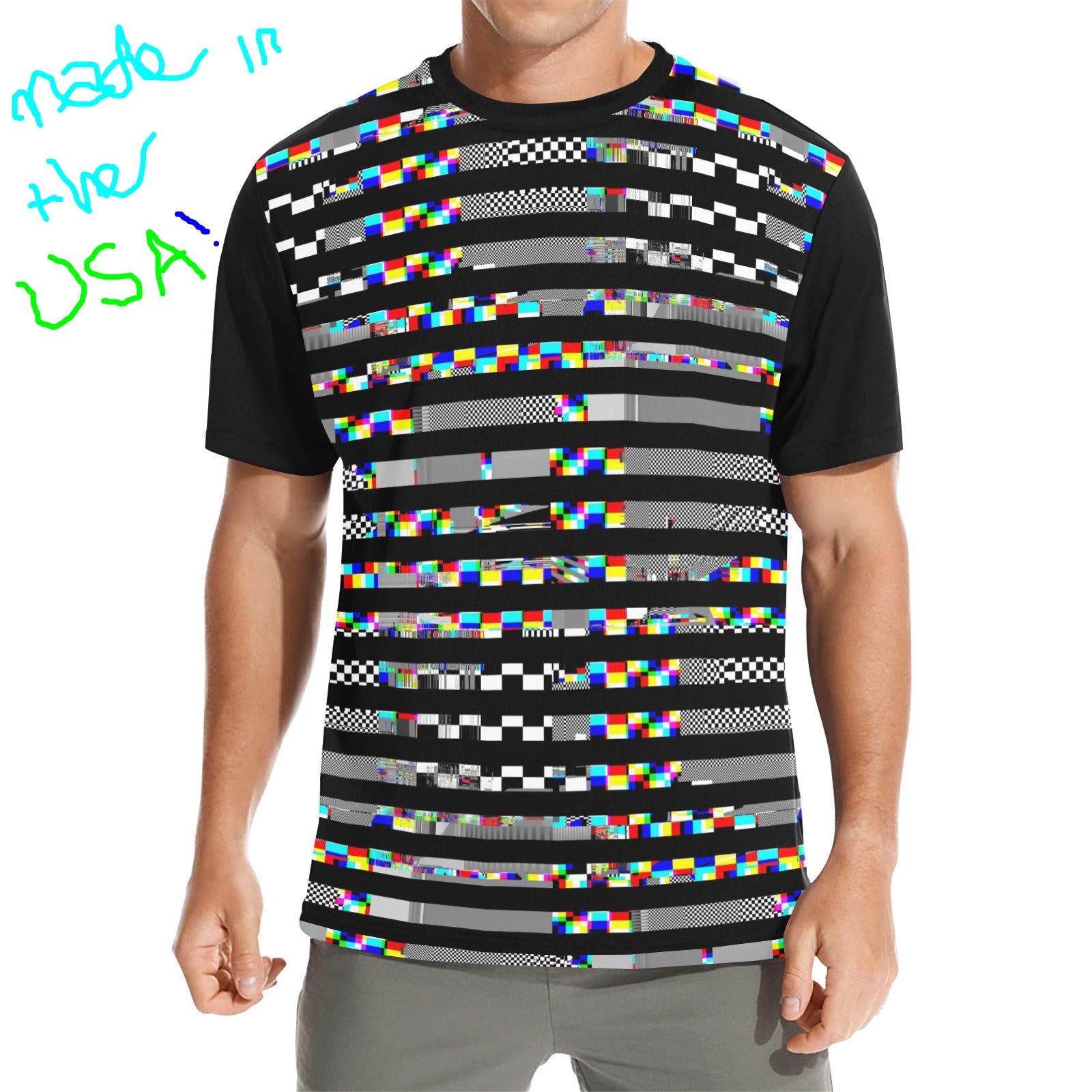 Person wearing a black t-shirt with colorful pixelated pattern on a white background