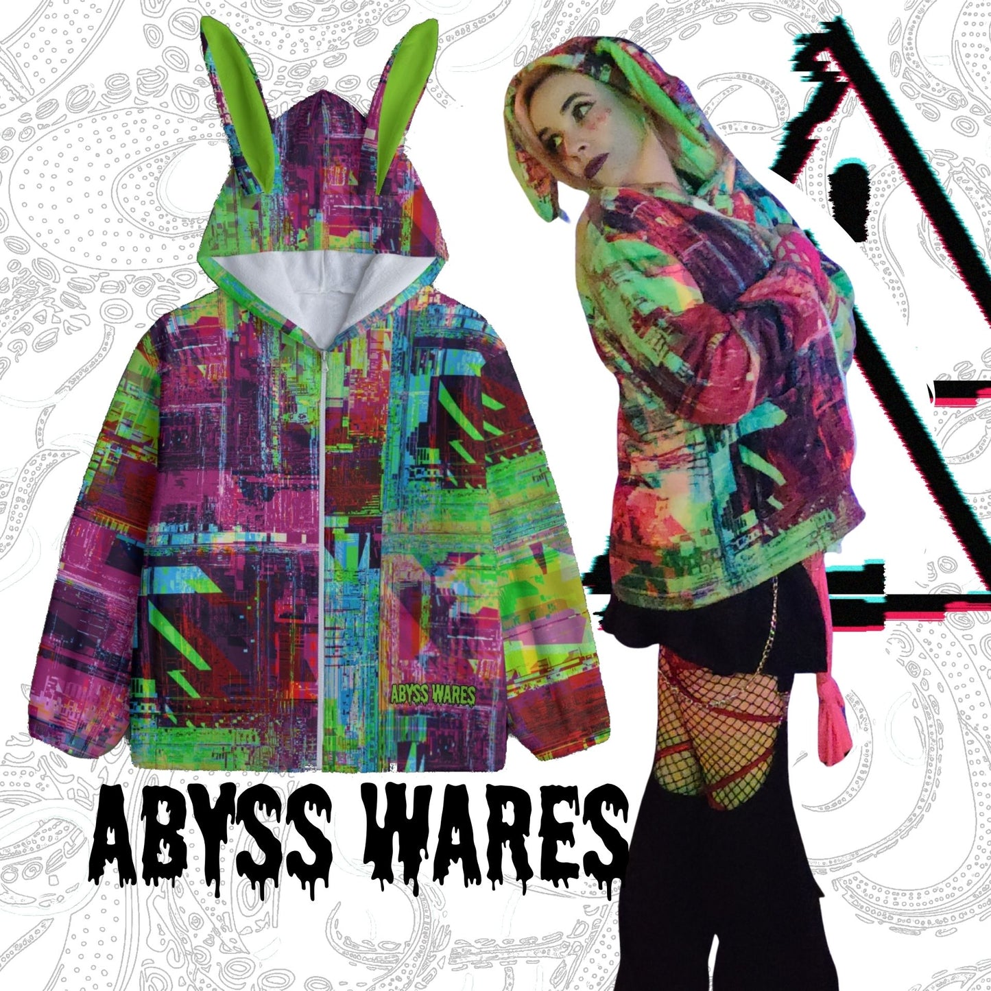 Glitchscape Fuzzy Bunny Ears Hoodie