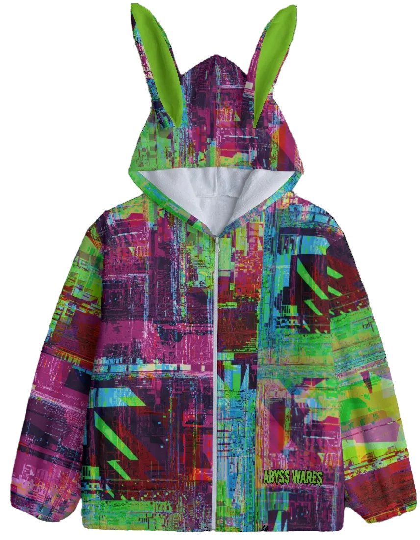 colorful fuzzy glitch art hoodie with zipper and bunny ears