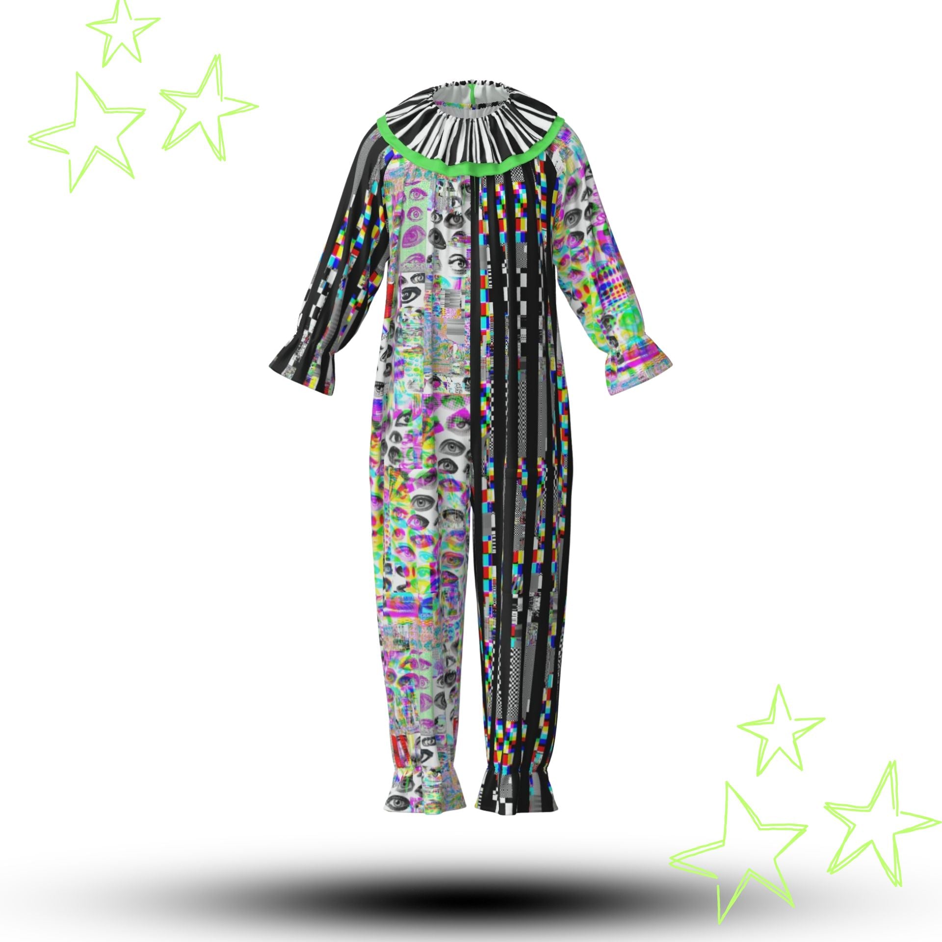 Multicolored glitch art clown jumpsuit professional costume for adults