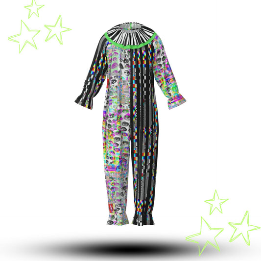 Multicolored glitch art clown jumpsuit professional costume for adults