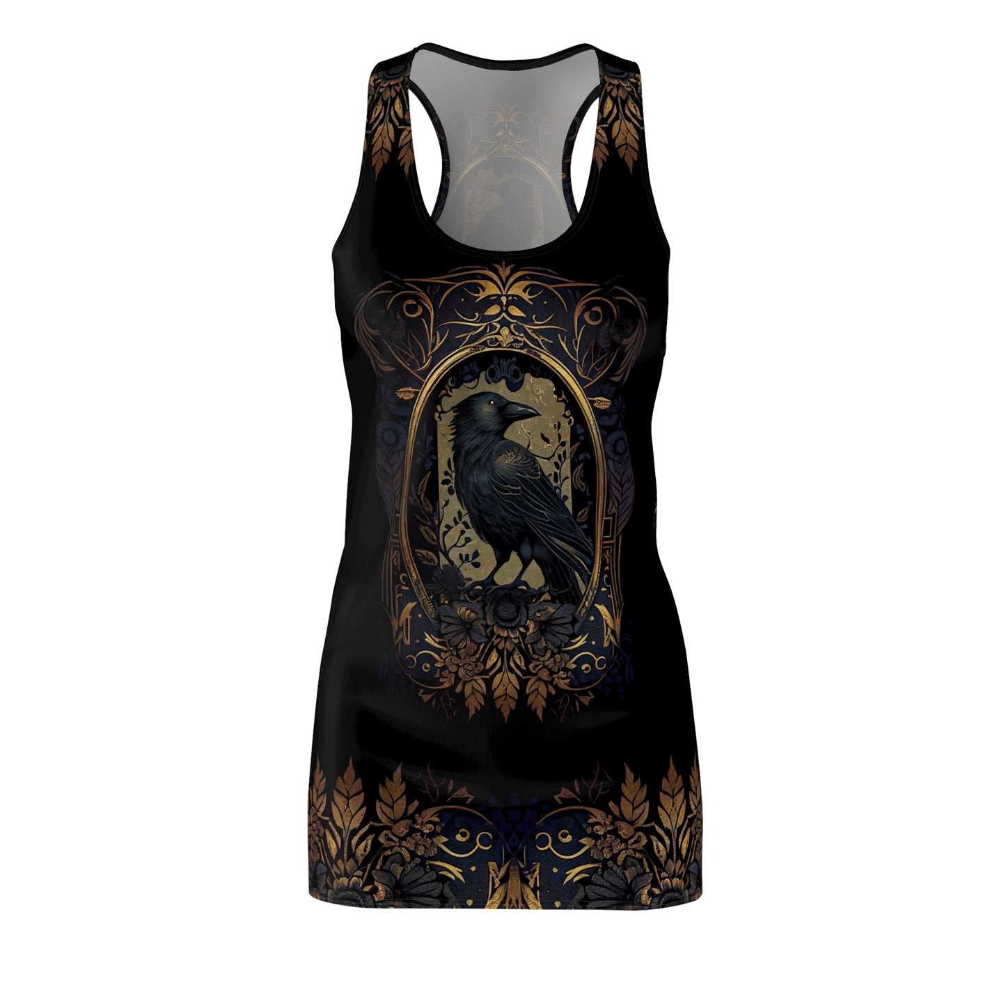 traditional gothic black with a gold framed raven on a mini racerback tank dress made in USA
