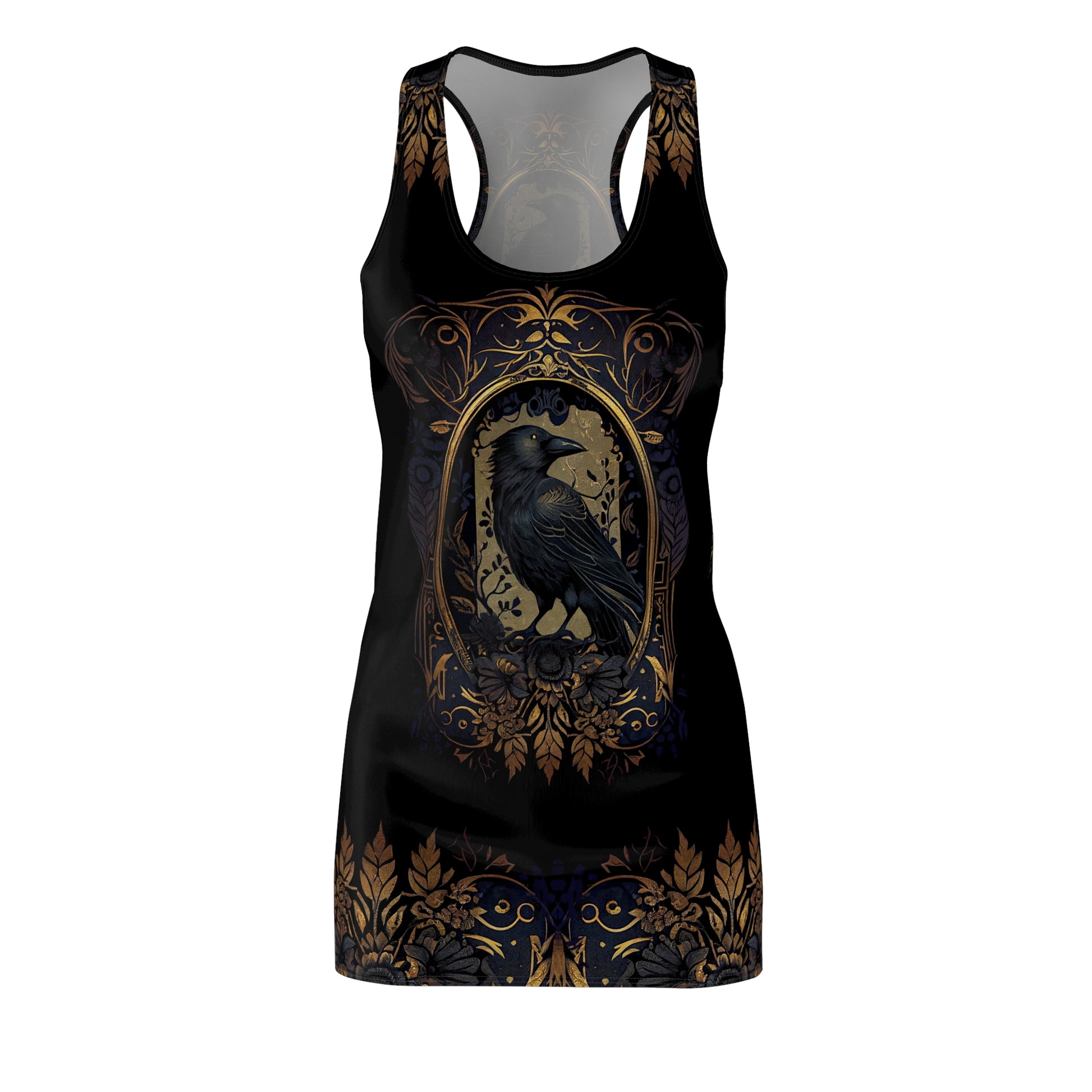 traditional gothic black with a gold framed raven on a mini racerback tank dress made in USA