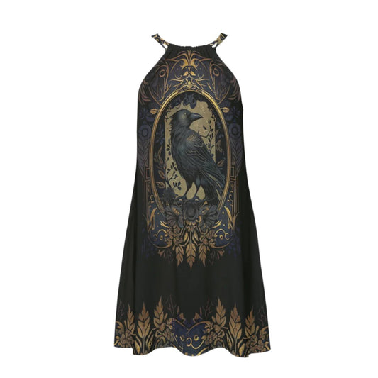 Golden Raven Halter Mini Dress in silky rayon fabric