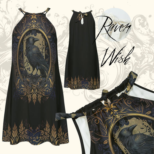 Golden Gothic Raven Sundress Summer Mini Dress Sexy Little Black Witchy Dress 100% Rayon