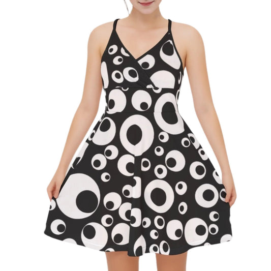 Googly Eyes Party Dress Black and White Strappy Vneck Sundress