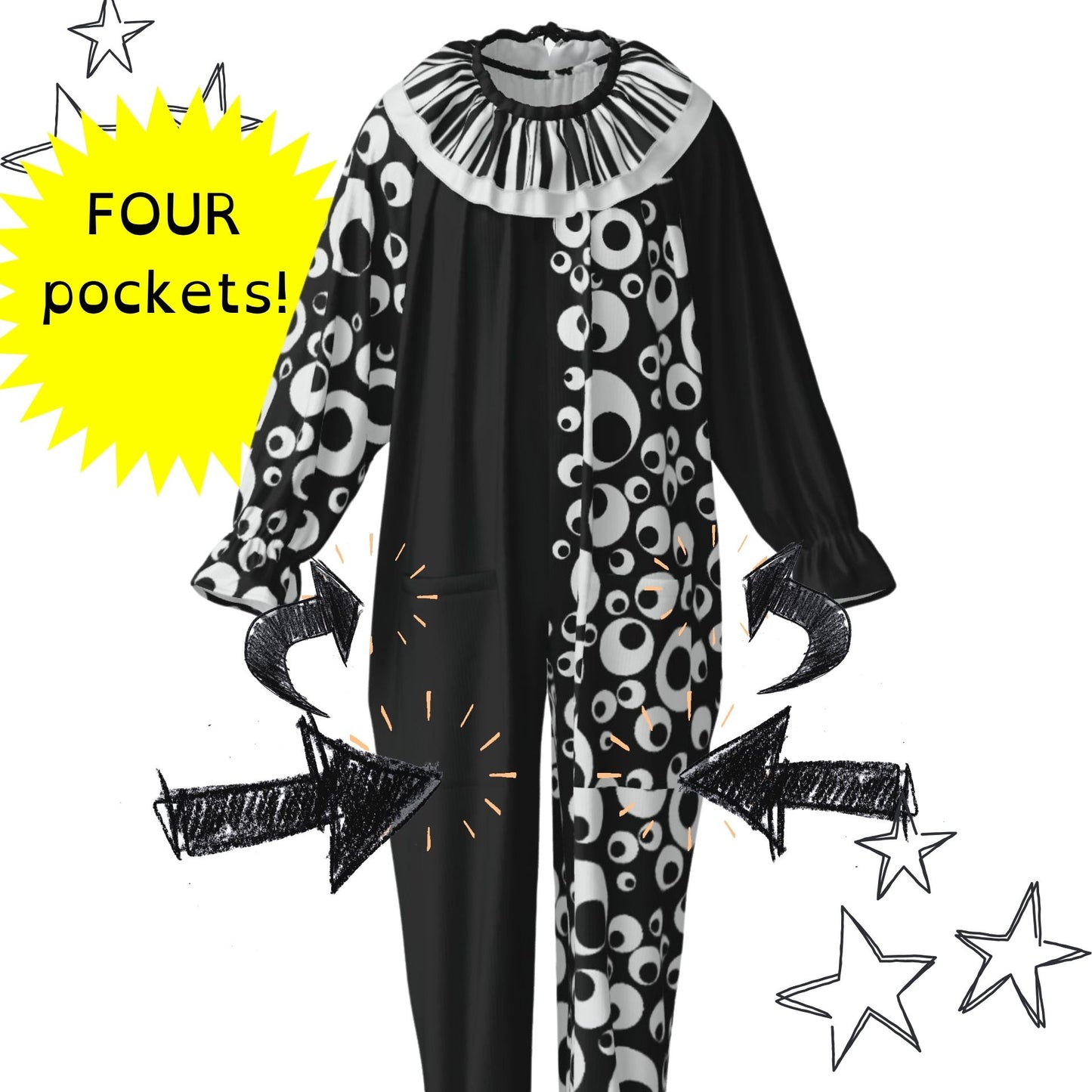 Googly Eye Black White Clown Suit w Collar