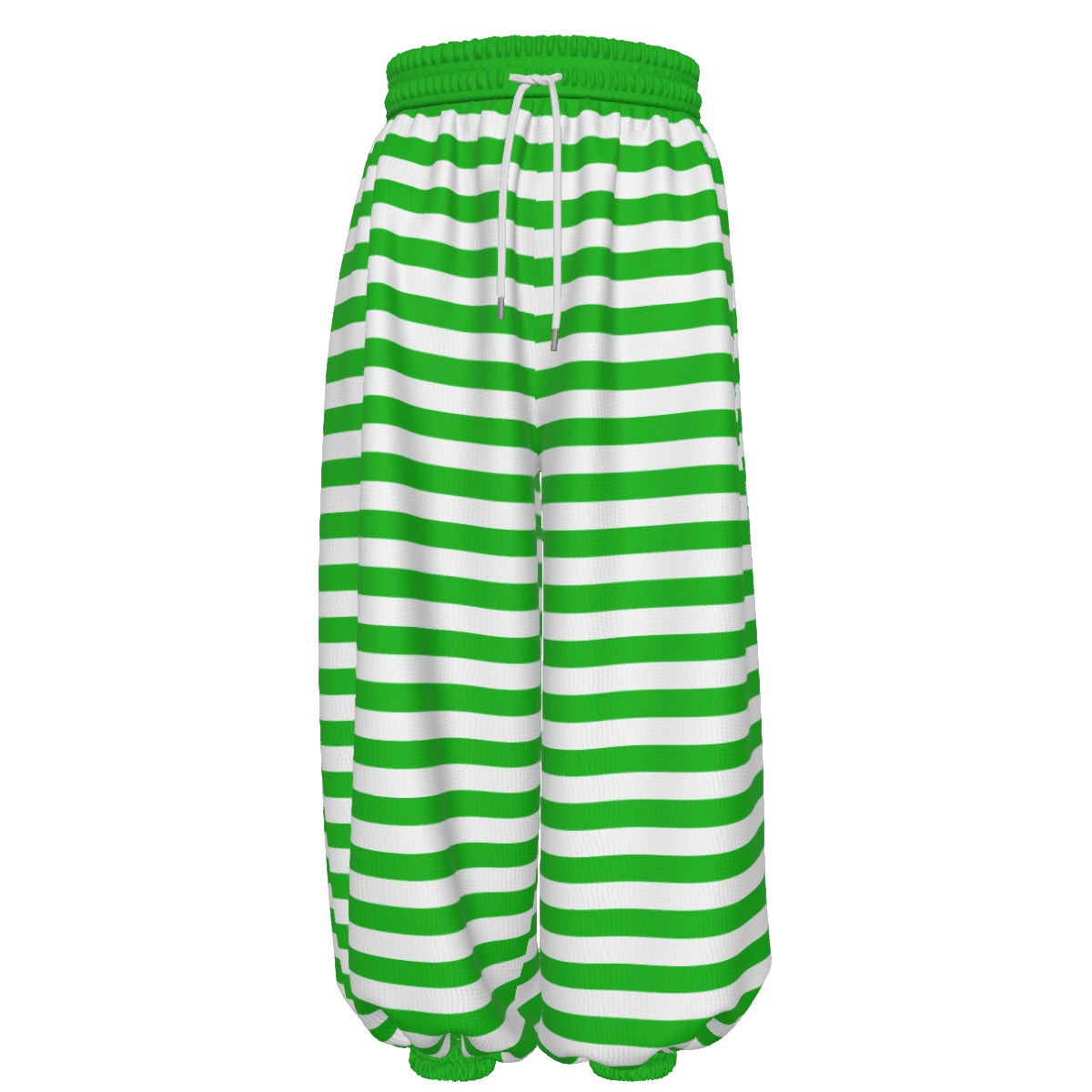 Green and white striped pants with a drawstring on a white background