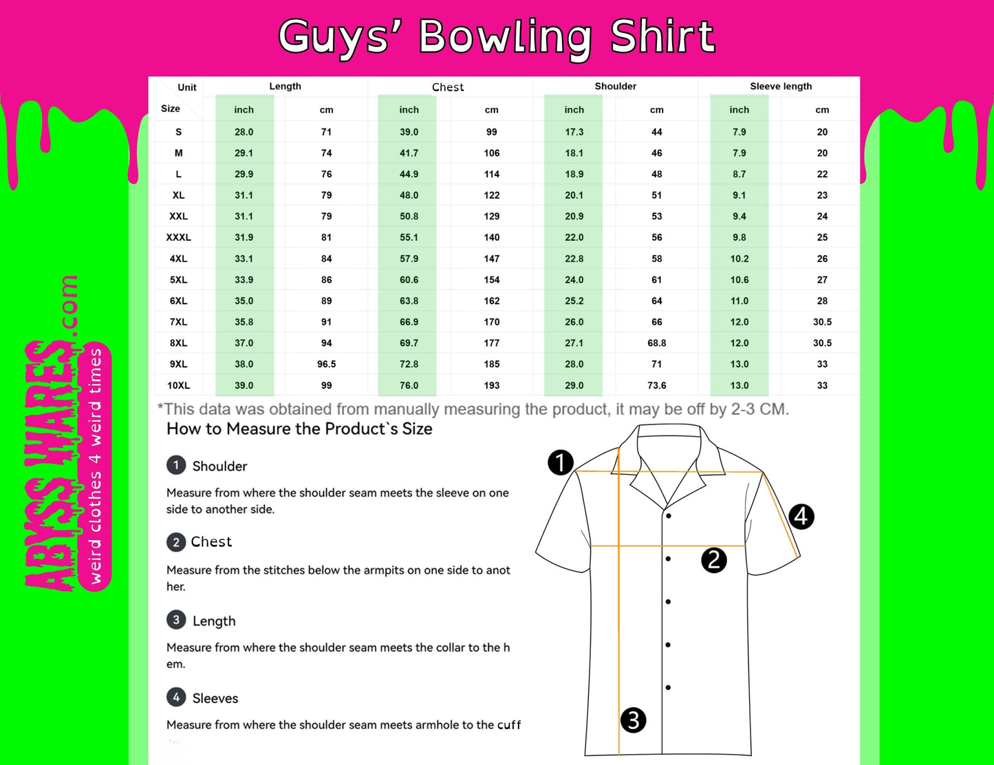 size chart for AbyssWares guys' bowling shirt sizes S through 10XL