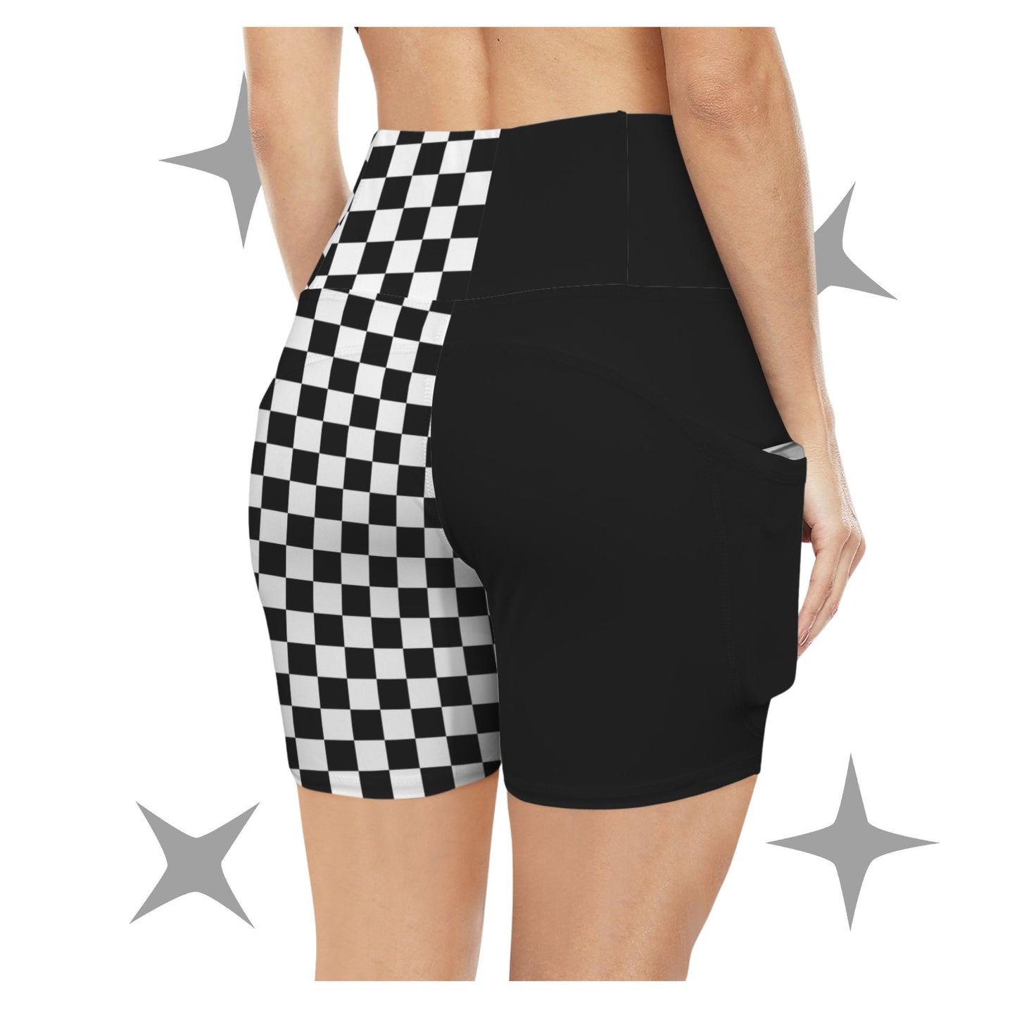 Half Checker Black Split Womens Bike Shorts w Pockets