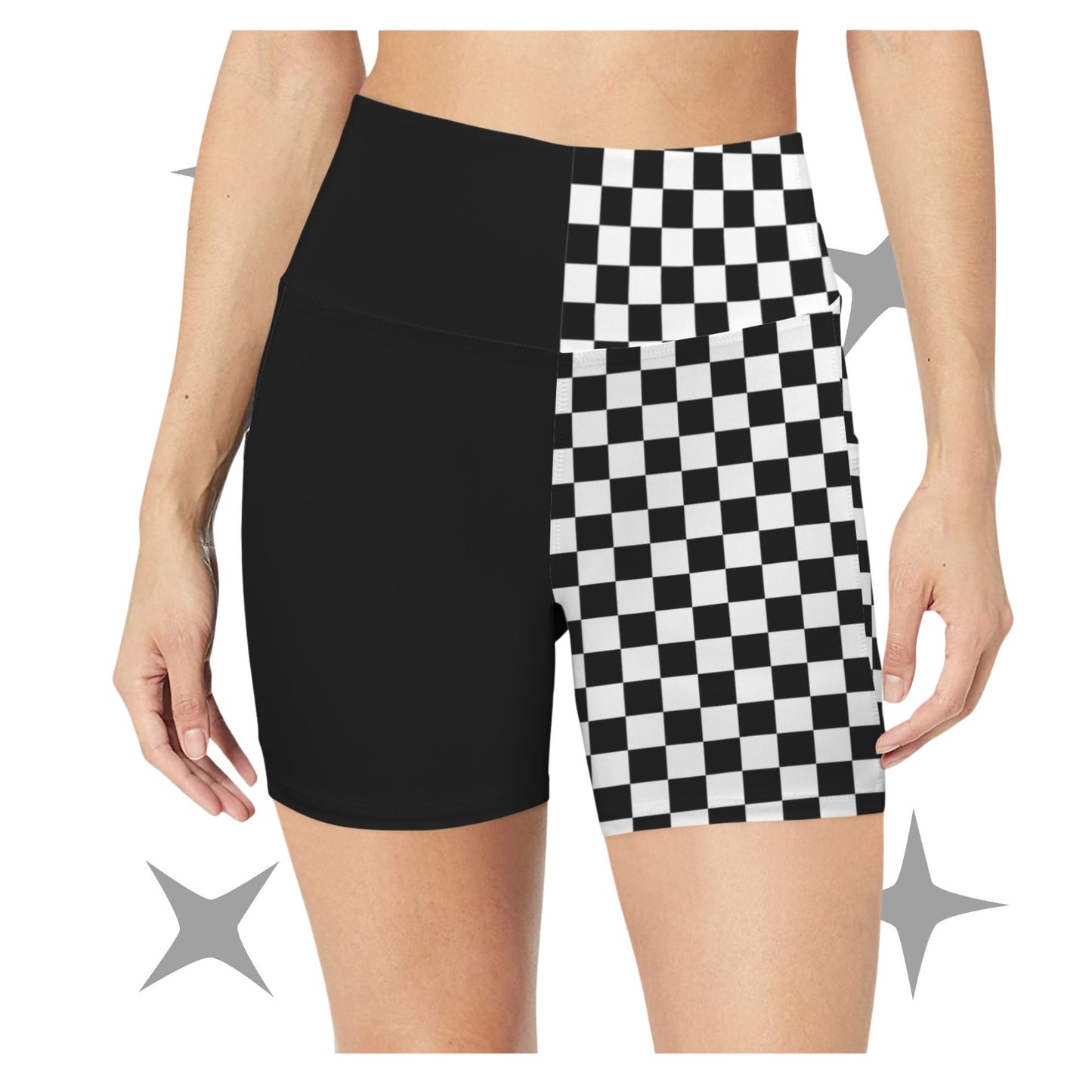 Black and checkered shorts on a white background