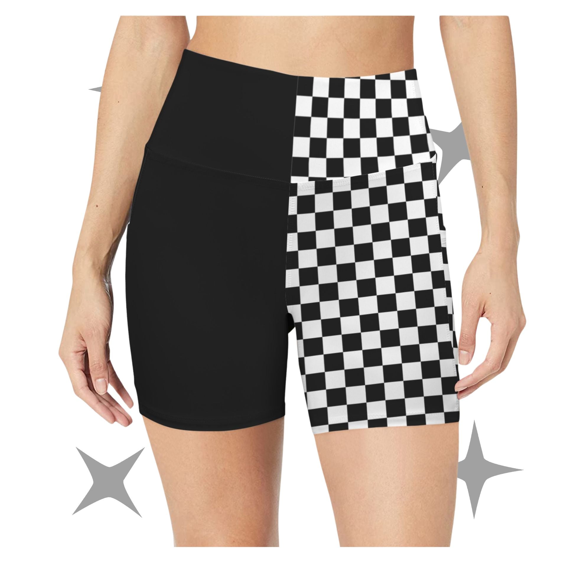 Black and checkered shorts on a white background